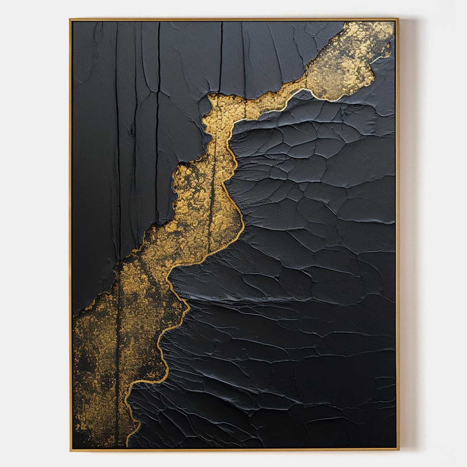 Original hand painted black gold textured abstract oil painting canvas wall art, luxury elegant modern nordic scandinavian home decor i