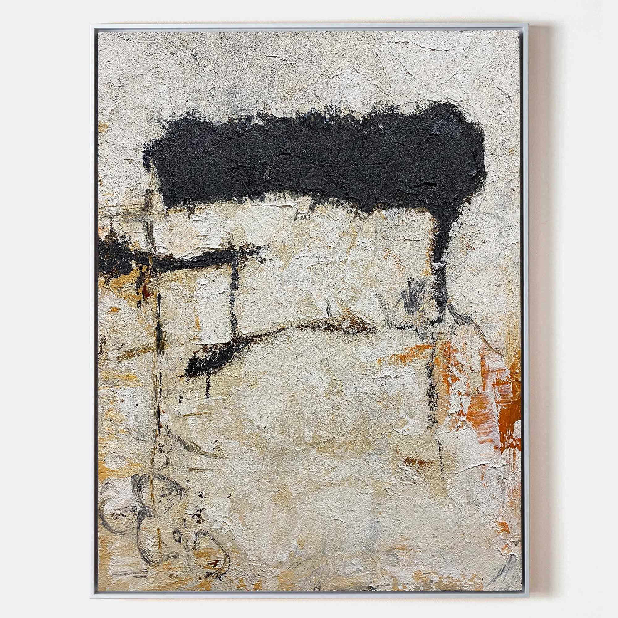 Original hand painted ivory ochre charcoal abstract oil painting canvas wall art, nordic scandinavian minimalist elegant luxury modern