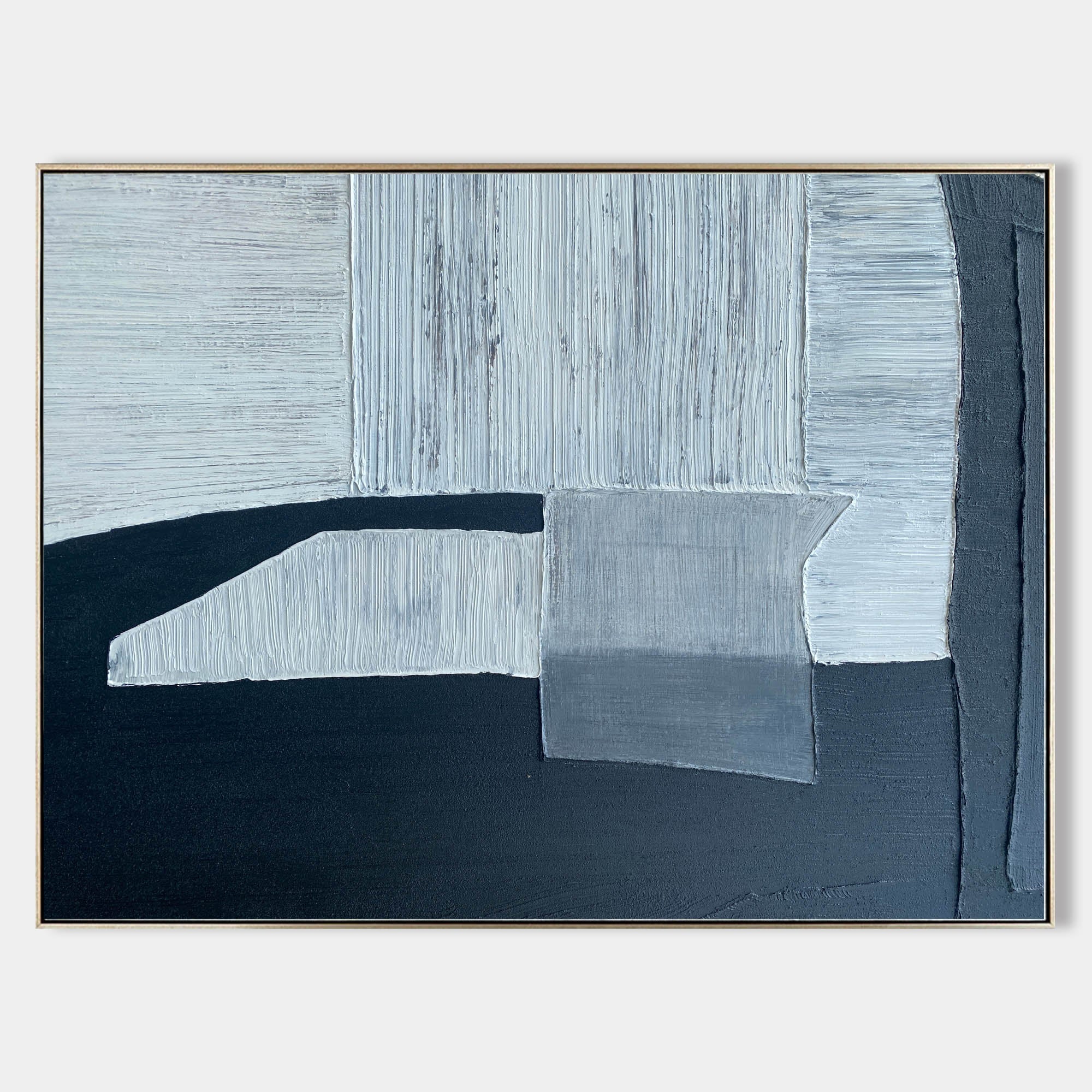 Original hand painted navy blue grey geometric abstract oil painting canvas wall art, nordic scandinavian minimalist elegant luxury mod
