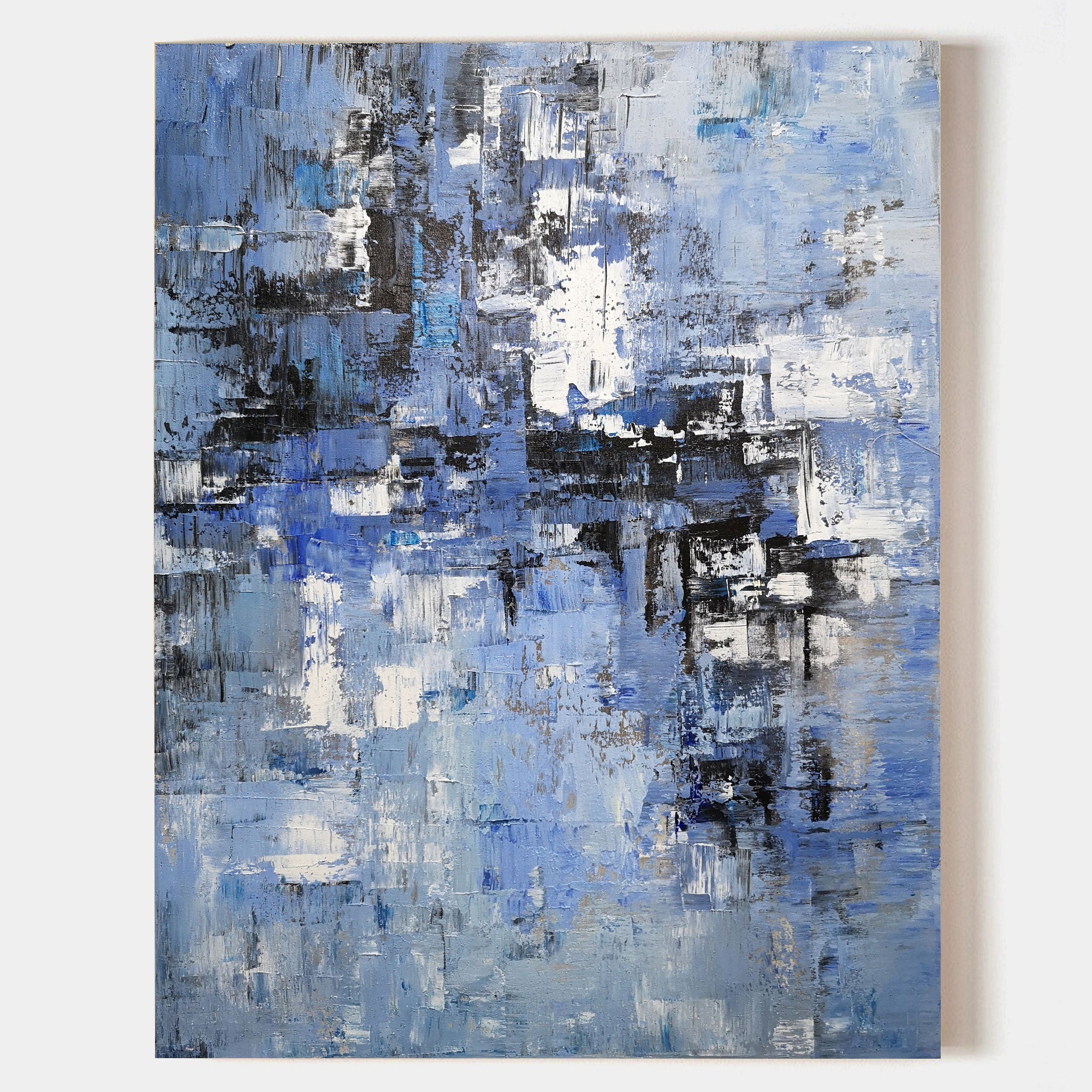 Original hand painted blue black white textured abstract oil painting canvas wall art, nordic scandinavian elegant luxury modern living