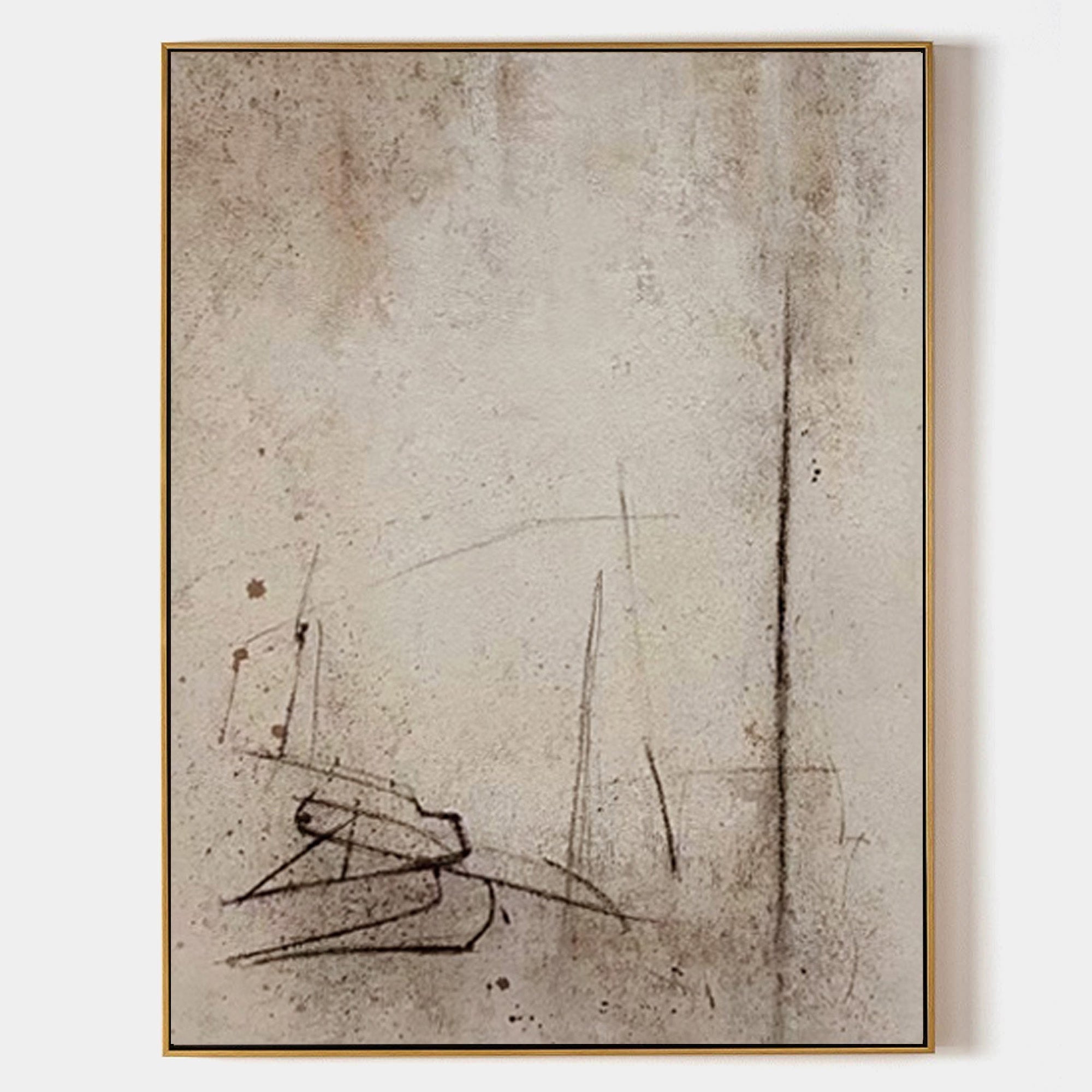 Original hand painted linen taupe abstract oil painting canvas wall art, gestural charcoal marks, nordic scandinavian minimalist elegan