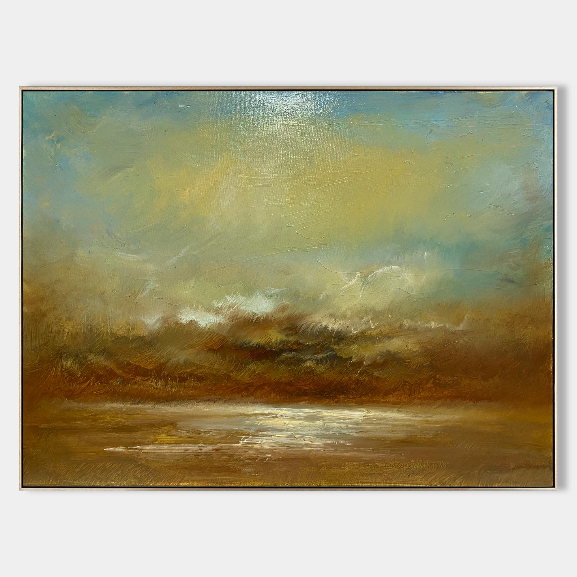 Original hand painted amber golden teal atmospheric landscape oil painting canvas wall art, elegant luxury modern scandinavian living r