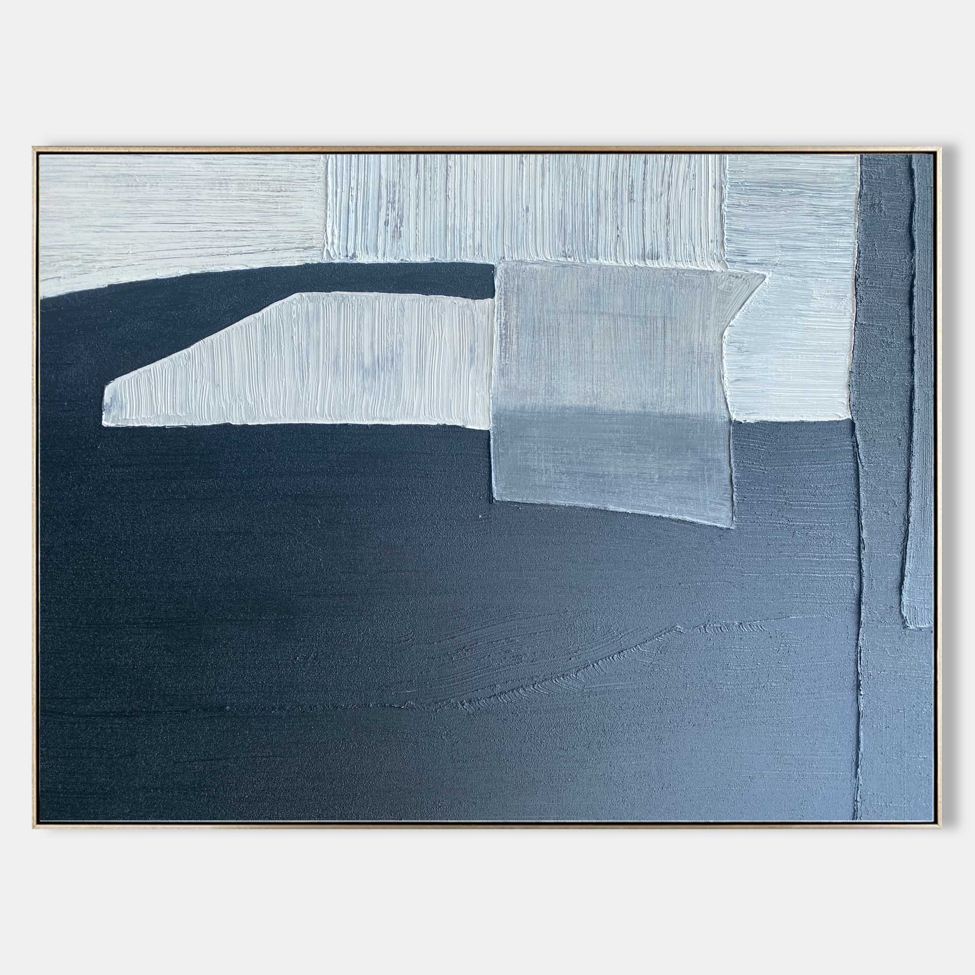 Original hand painted navy blue grey geometric abstract oil painting canvas wall art, nordic scandinavian minimalist elegant luxury mod