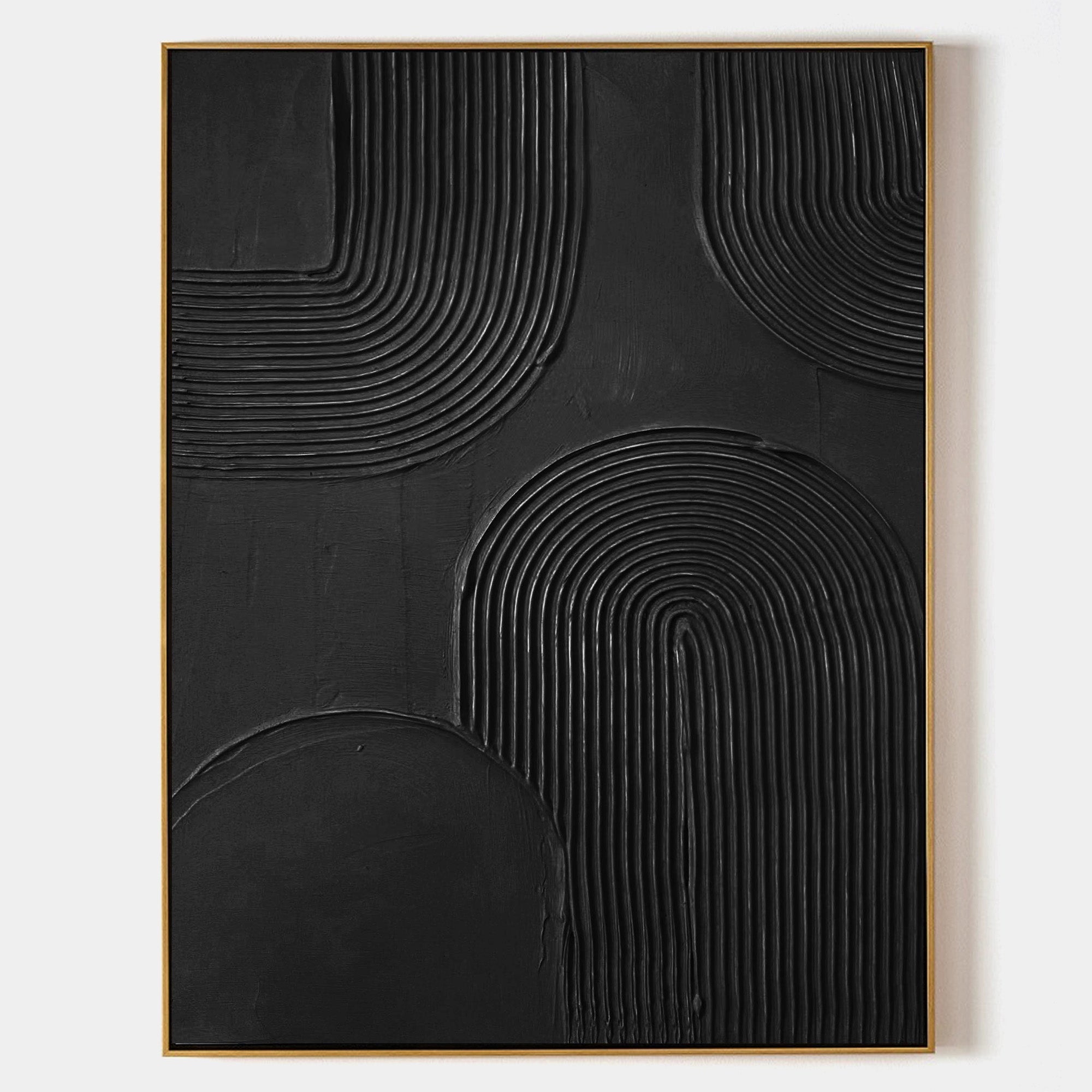 Original hand painted black abstract oil painting, raised arch curved lines texture, luxury minimalist nordic scandinavian modern elega