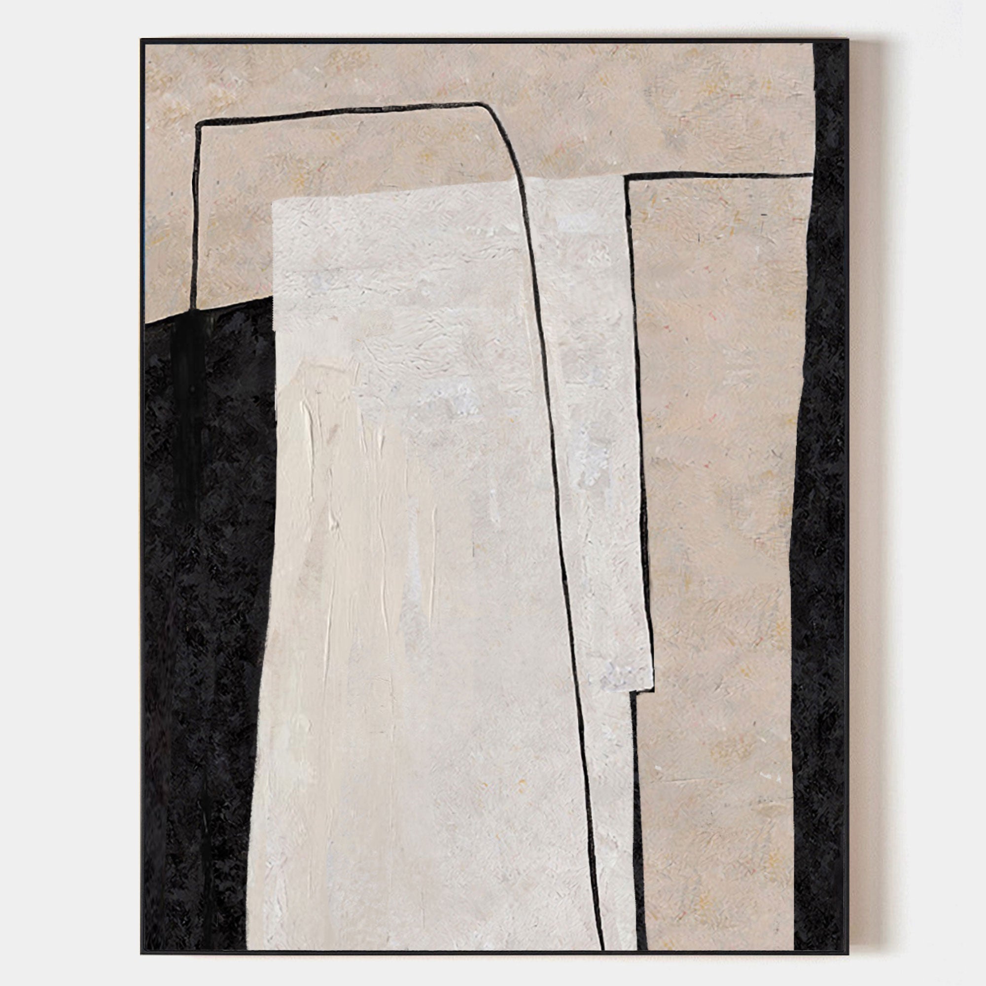 Original hand painted black ivory geometric abstract oil painting canvas wall art, nordic scandinavian minimalist elegant luxury modern