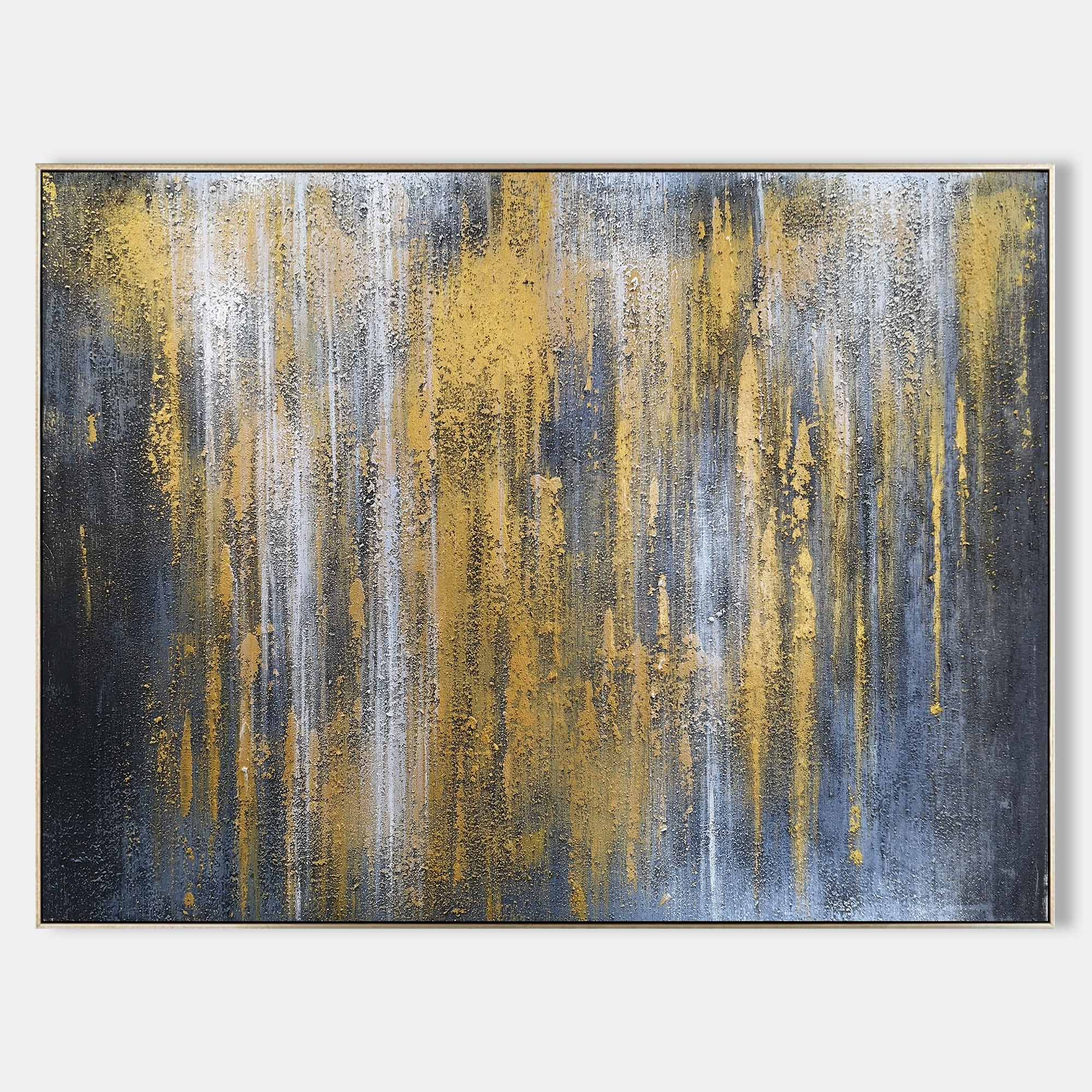 Original hand painted gold charcoal abstract oil painting canvas wall art, textured drip strokes, nordic scandinavian elegant luxury mo