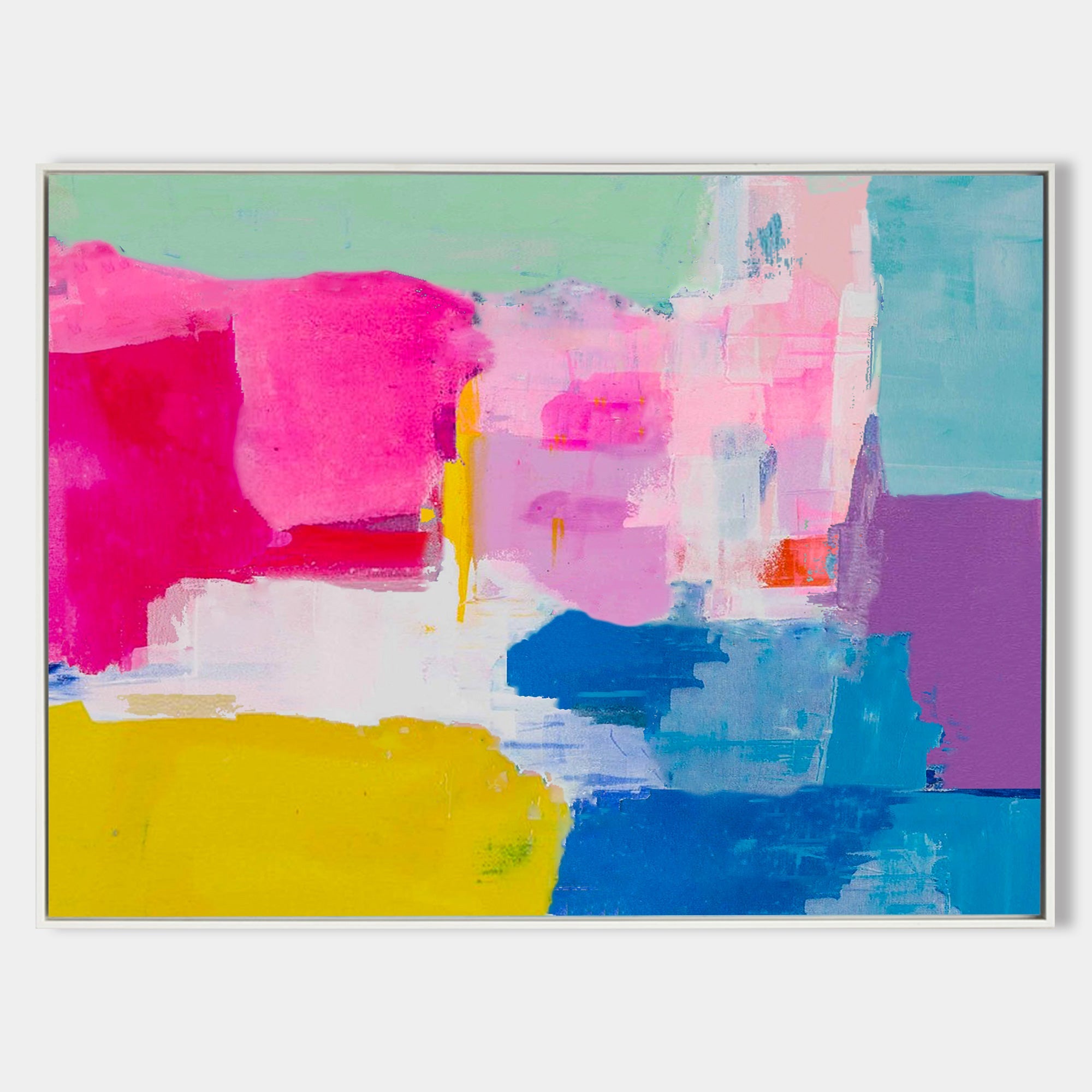Original hand painted hot pink cobalt blue mustard abstract oil painting canvas wall art, modern scandinavian elegant luxury home decor