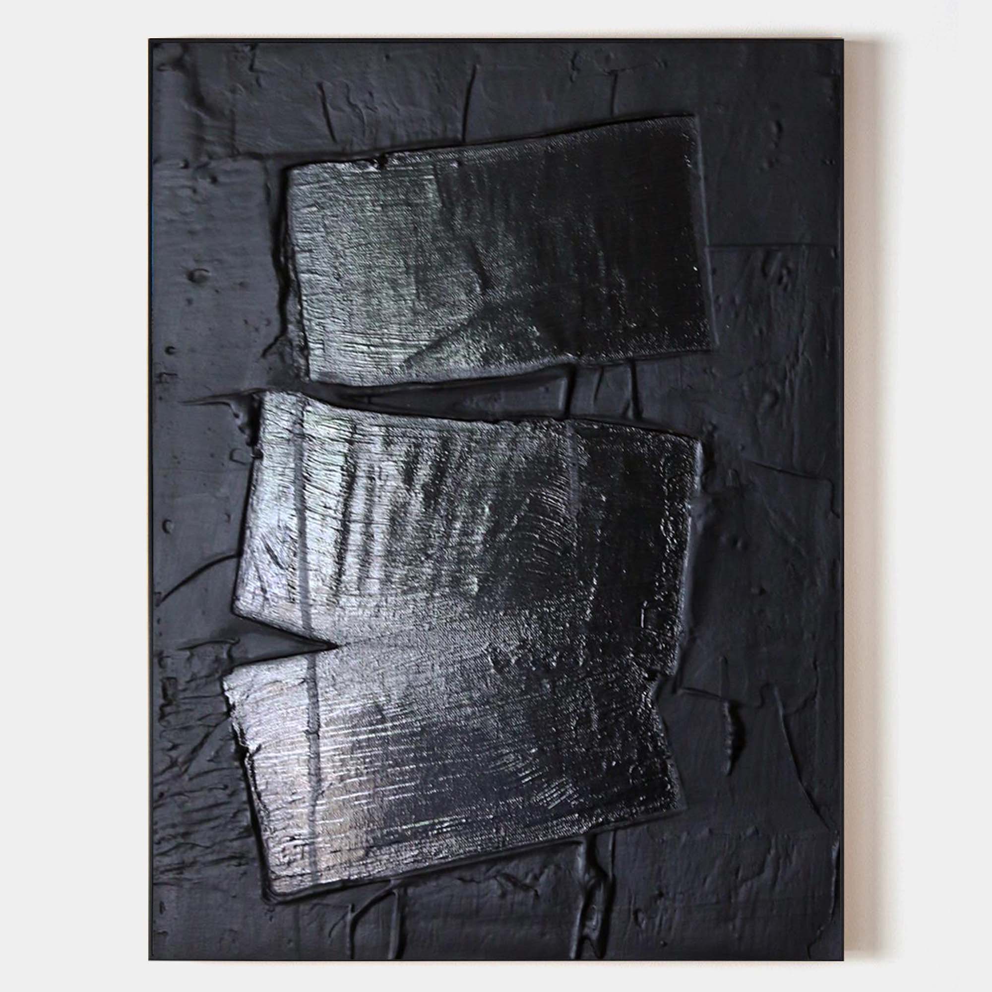 Original hand painted black silver textured geometric abstract oil painting canvas wall art, nordic scandinavian minimalist elegant lux