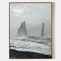 Original hand painted monochrome coastal oil painting, grey sea stacks stormy ocean black sand, nordic scandinavian minimalist elegant