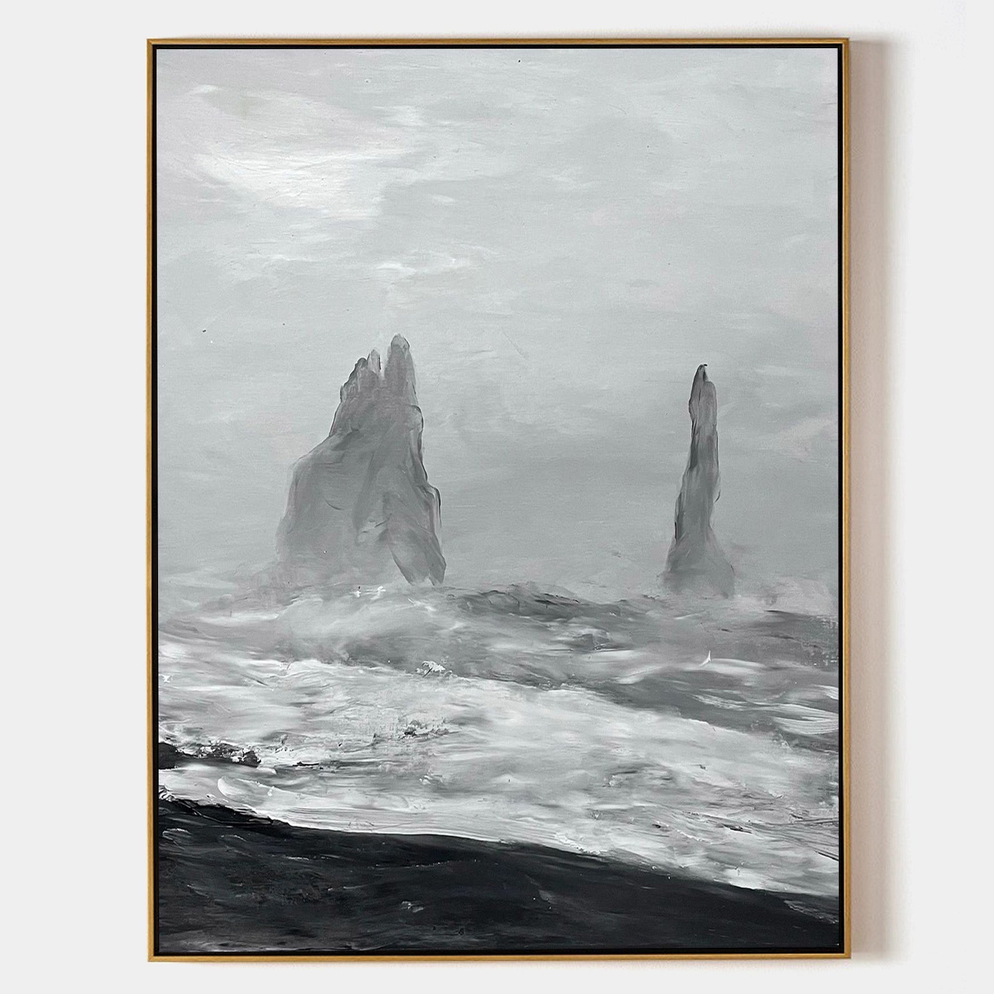 Original hand painted monochrome coastal oil painting, grey sea stacks stormy ocean black sand, nordic scandinavian minimalist elegant