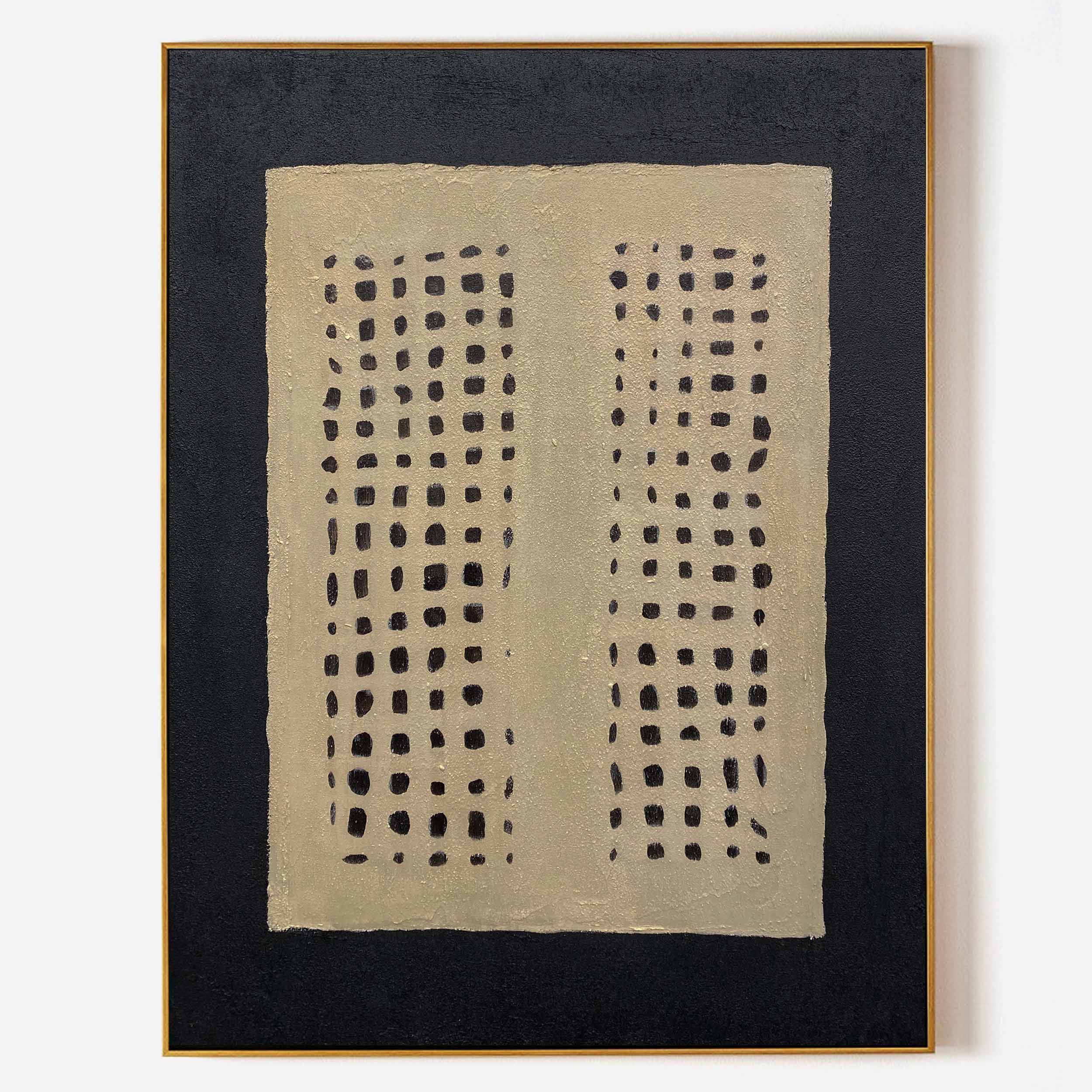 Original hand painted black grid geometric oil painting canvas wall art, nordic scandinavian minimalist elegant luxury modern living ro