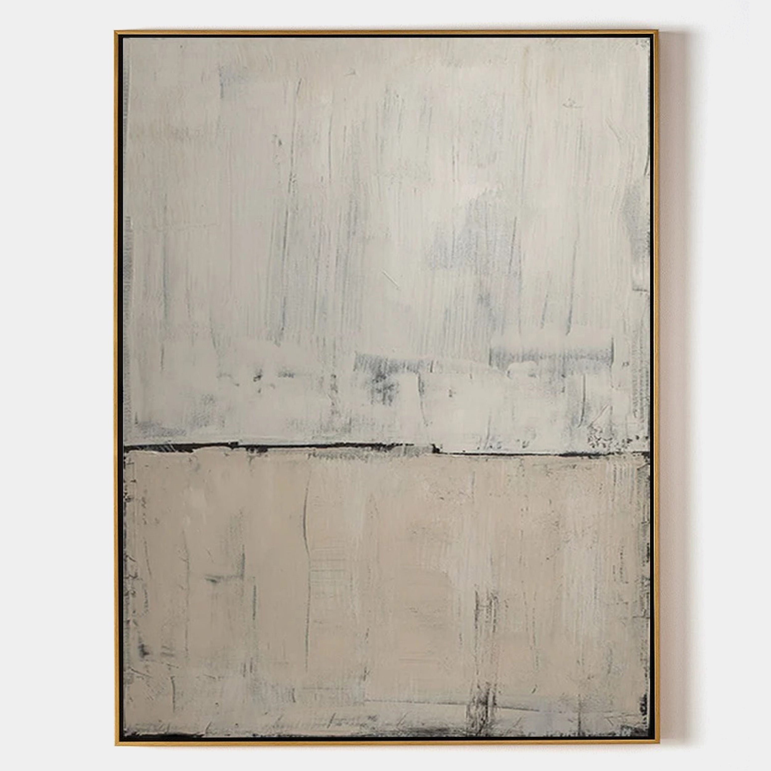 Original hand painted white linen abstract oil painting canvas wall art, bold black horizon line nordic scandinavian minimalist elegant