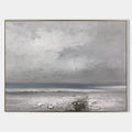 Original hand painted grey abstract coastal oil painting canvas wall art, textured stormy sky seascape nordic scandinavian minimalist e