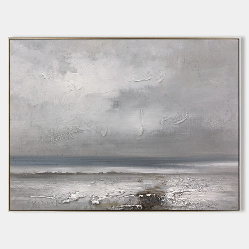 Original hand painted grey abstract coastal oil painting canvas wall art, textured stormy sky seascape nordic scandinavian minimalist e