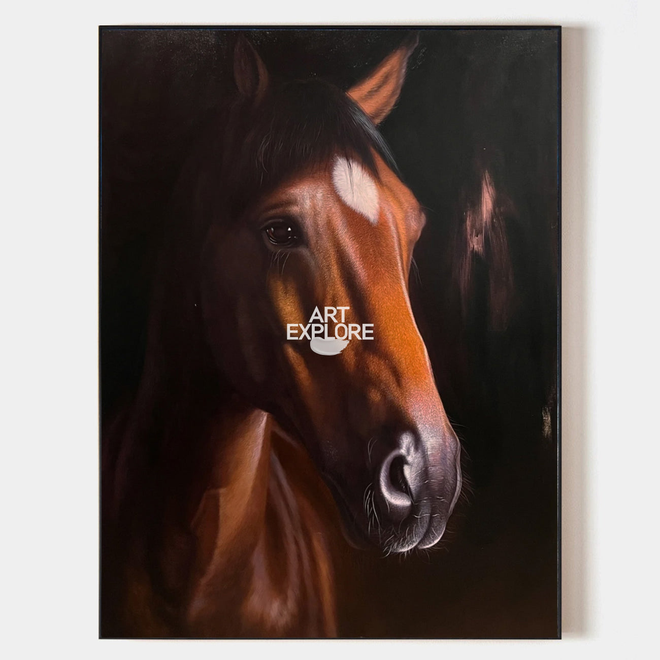 Original hand painted bay horse portrait oil painting canvas wall art, warm amber dark tones, elegant luxury modern scandinavian home d