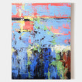 Original hand painted blue red abstract oil painting canvas wall art, thick textured brushwork elegant luxury modern nordic scandinavia