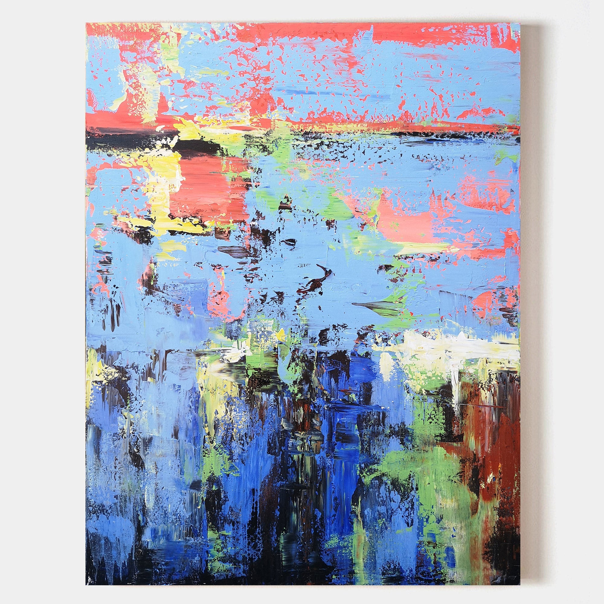 Original hand painted blue red abstract oil painting canvas wall art, thick textured brushwork elegant luxury modern nordic scandinavia