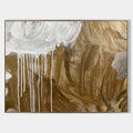 Original hand painted ochre abstract oil painting canvas wall art, white dripping paint brushstrokes, luxury modern scandinavian elegan