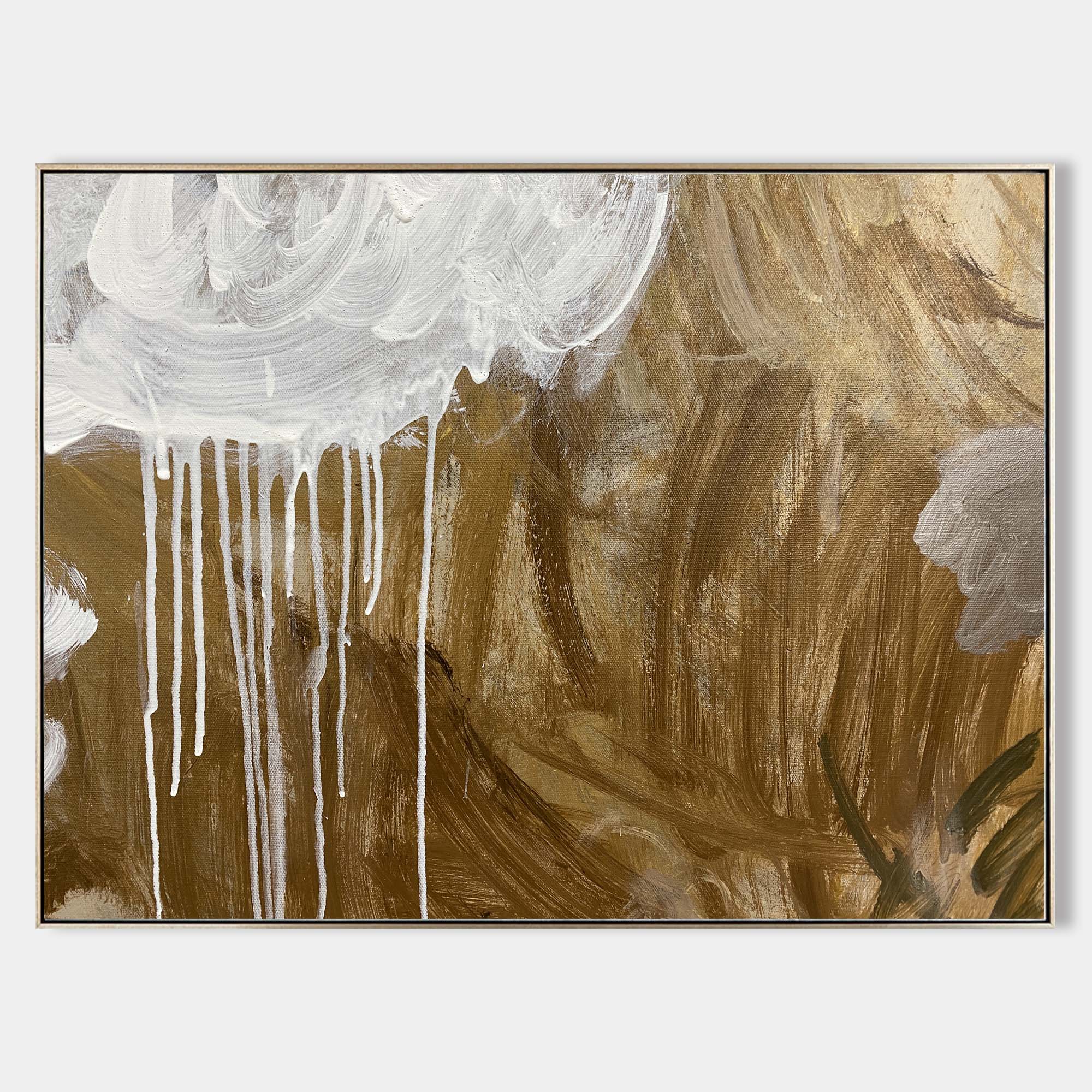 Original hand painted ochre abstract oil painting canvas wall art, white dripping paint brushstrokes, luxury modern scandinavian elegan