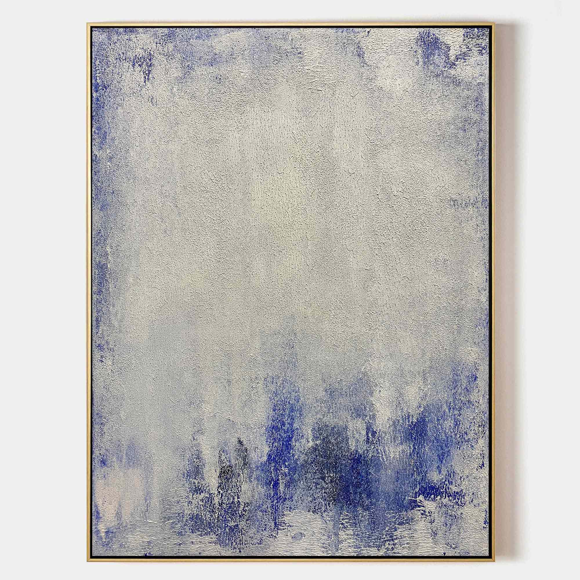 Original hand painted silver grey cobalt blue abstract oil painting canvas wall art, nordic scandinavian minimalist elegant luxury mode
