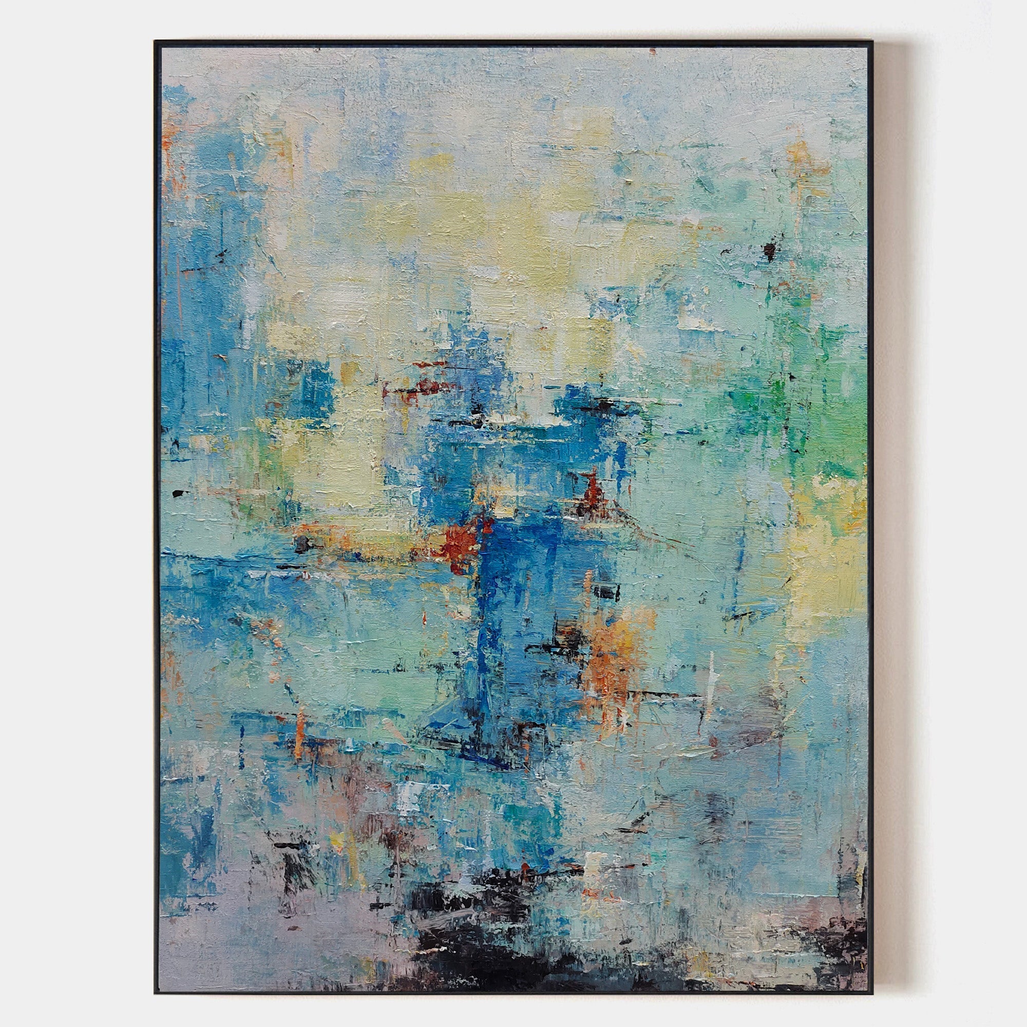 Original hand painted teal cobalt blue abstract oil painting canvas wall art, nordic scandinavian elegant luxury modern coastal living