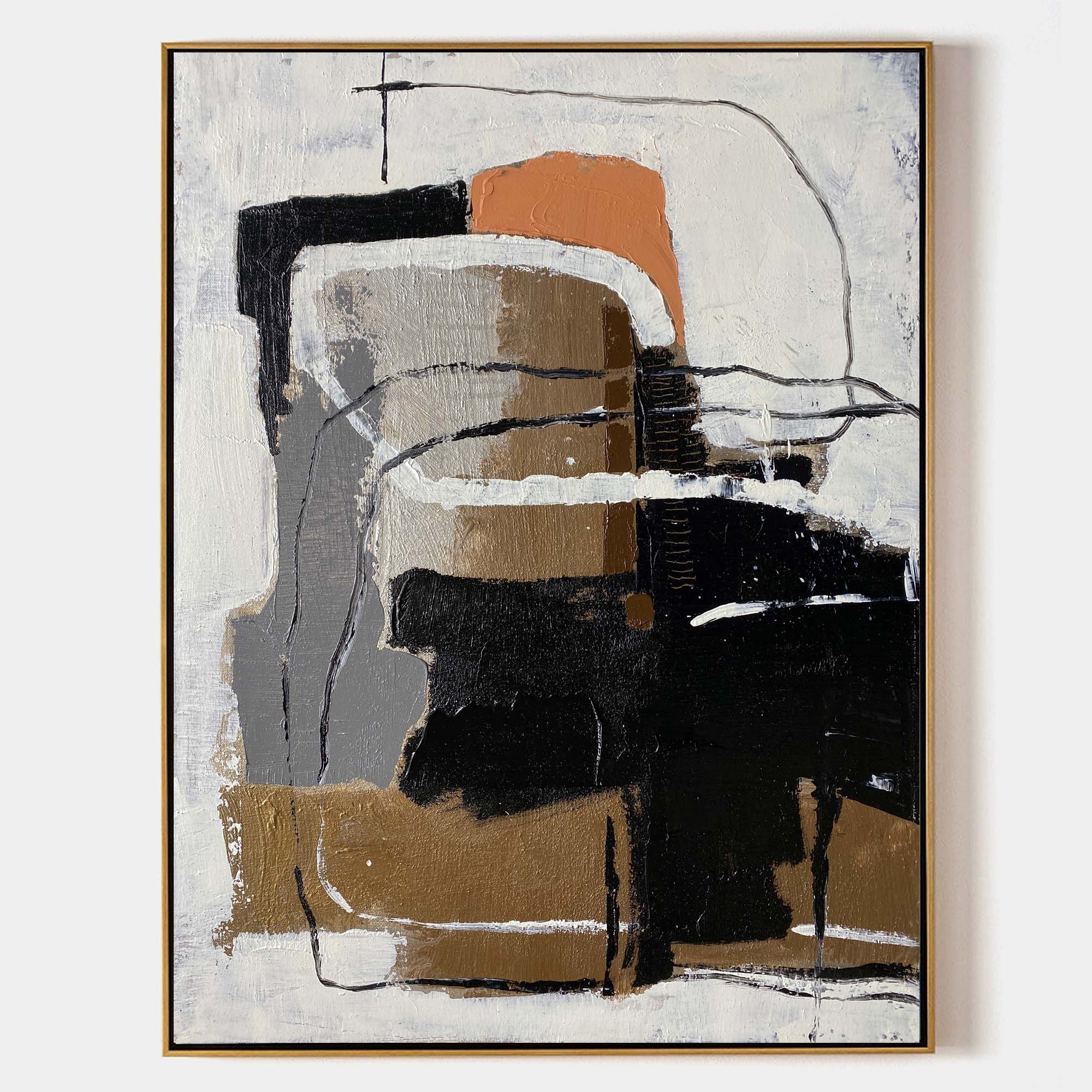 Original hand painted earthy abstract oil painting canvas, bold black bronze sienna grey textured brushwork, elegant luxury modern nord