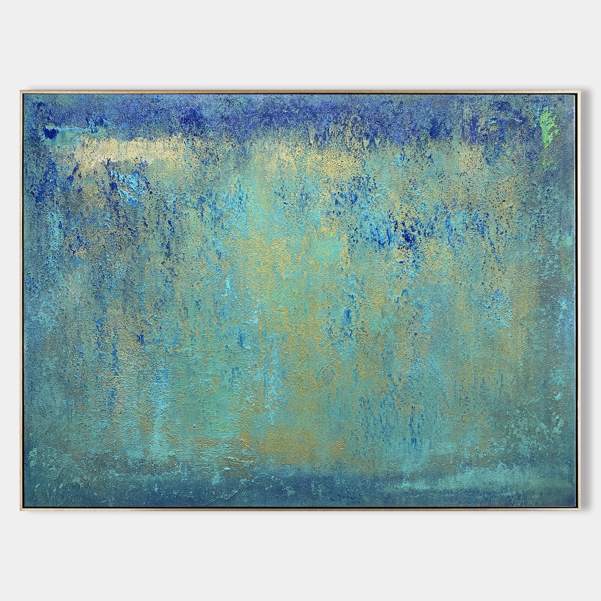 Original hand painted teal blue gold abstract oil painting canvas wall art, nordic scandinavian elegant luxury modern coastal living ro