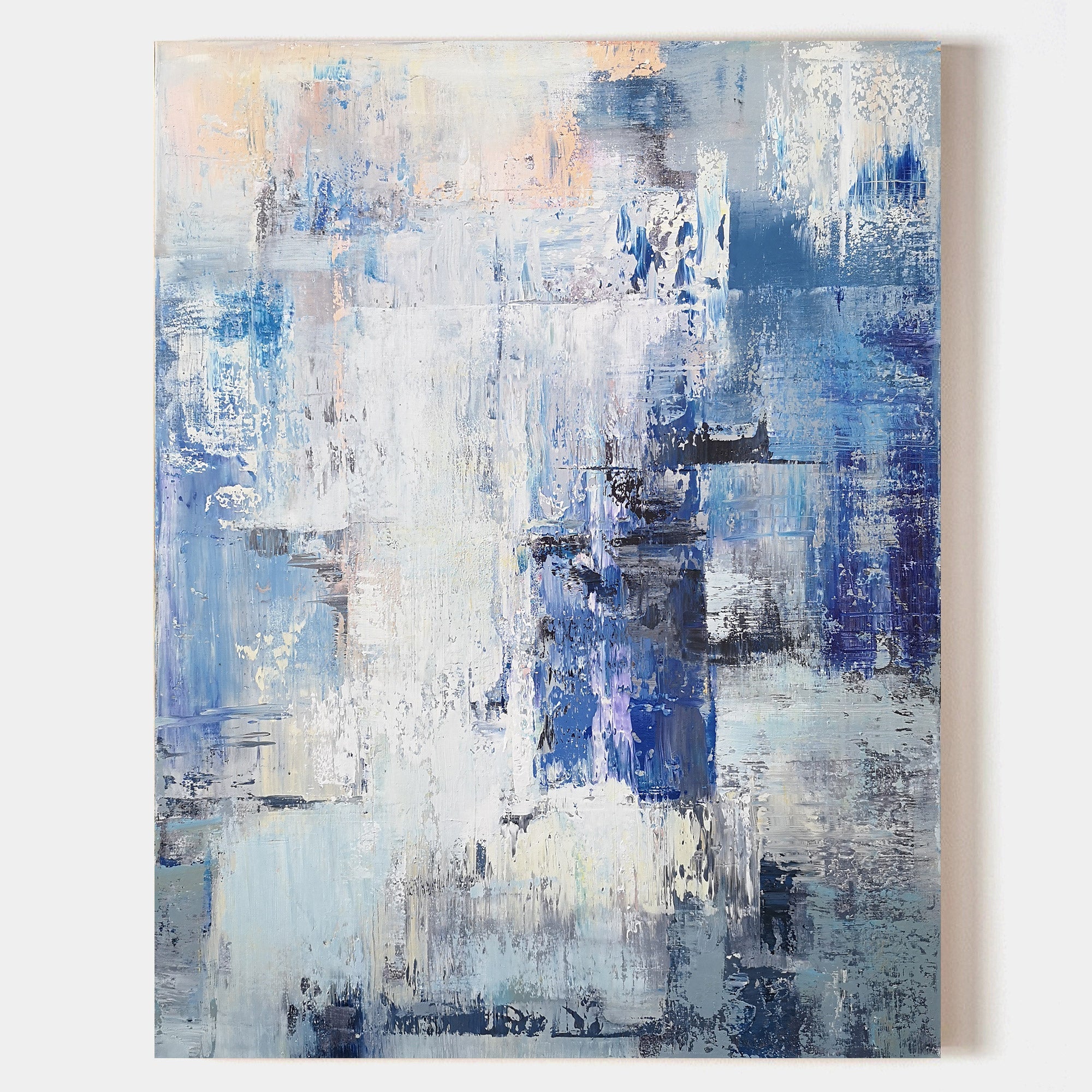 Original hand painted blue white navy abstract oil painting canvas wall art, nordic scandinavian minimalist elegant luxury modern livin