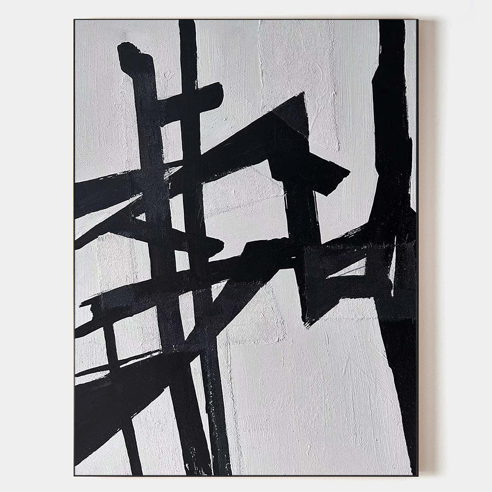Original hand painted black white geometric abstract oil painting canvas wall art, nordic scandinavian minimalist elegant luxury modern