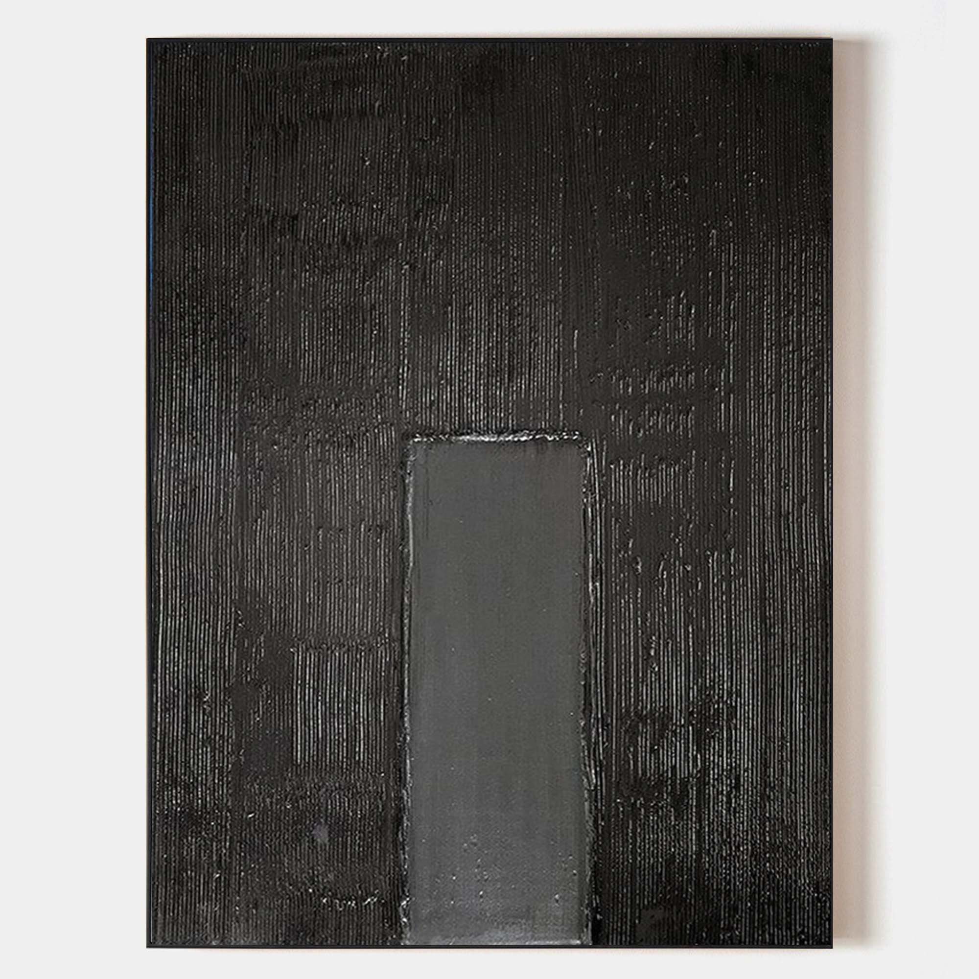 Original hand painted deep black textured abstract oil painting canvas, grey vertical rectangle, minimalist nordic scandinavian elegant