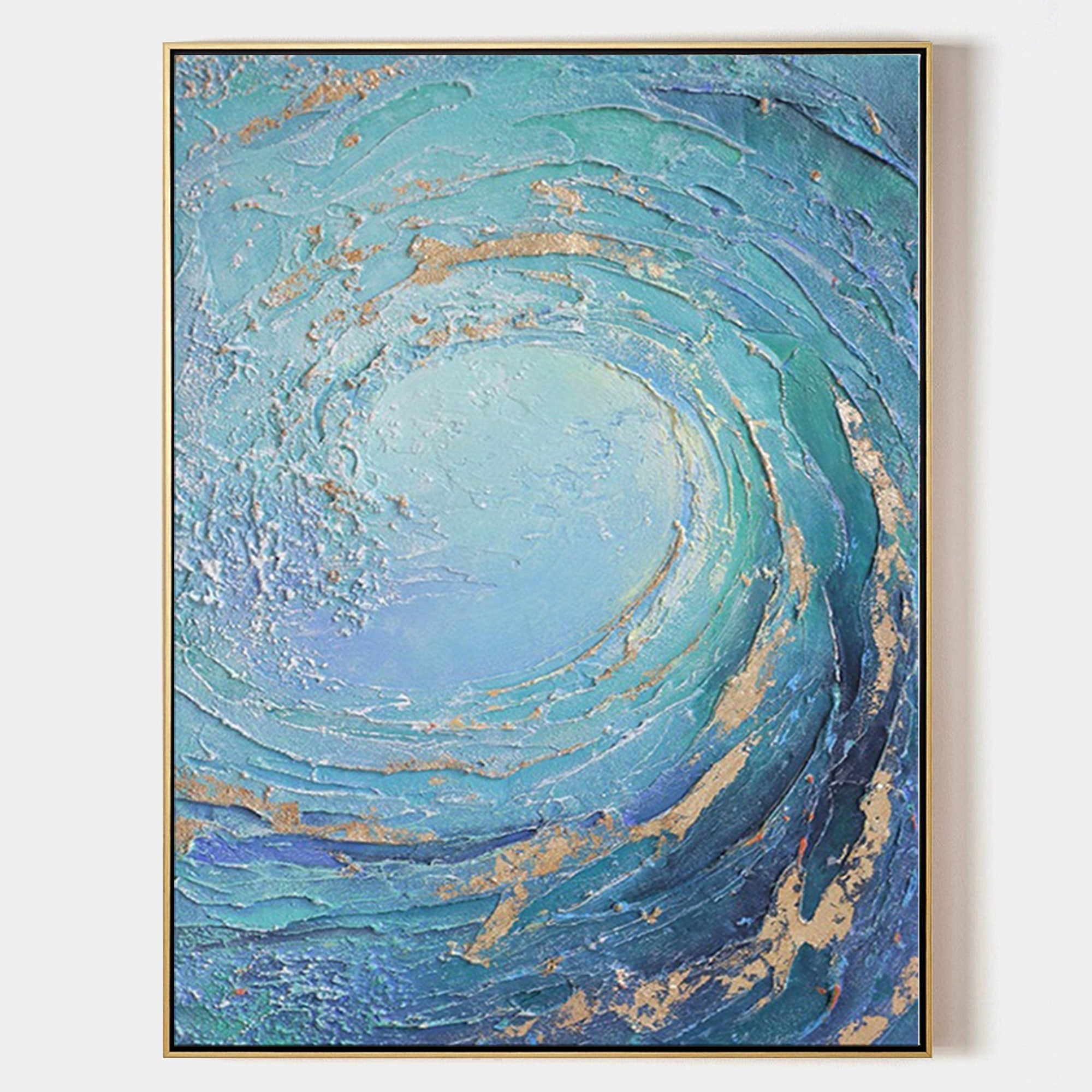 Original hand painted teal blue swirling wave abstract oil painting canvas wall art, gold accents, elegant luxury modern coastal nordic