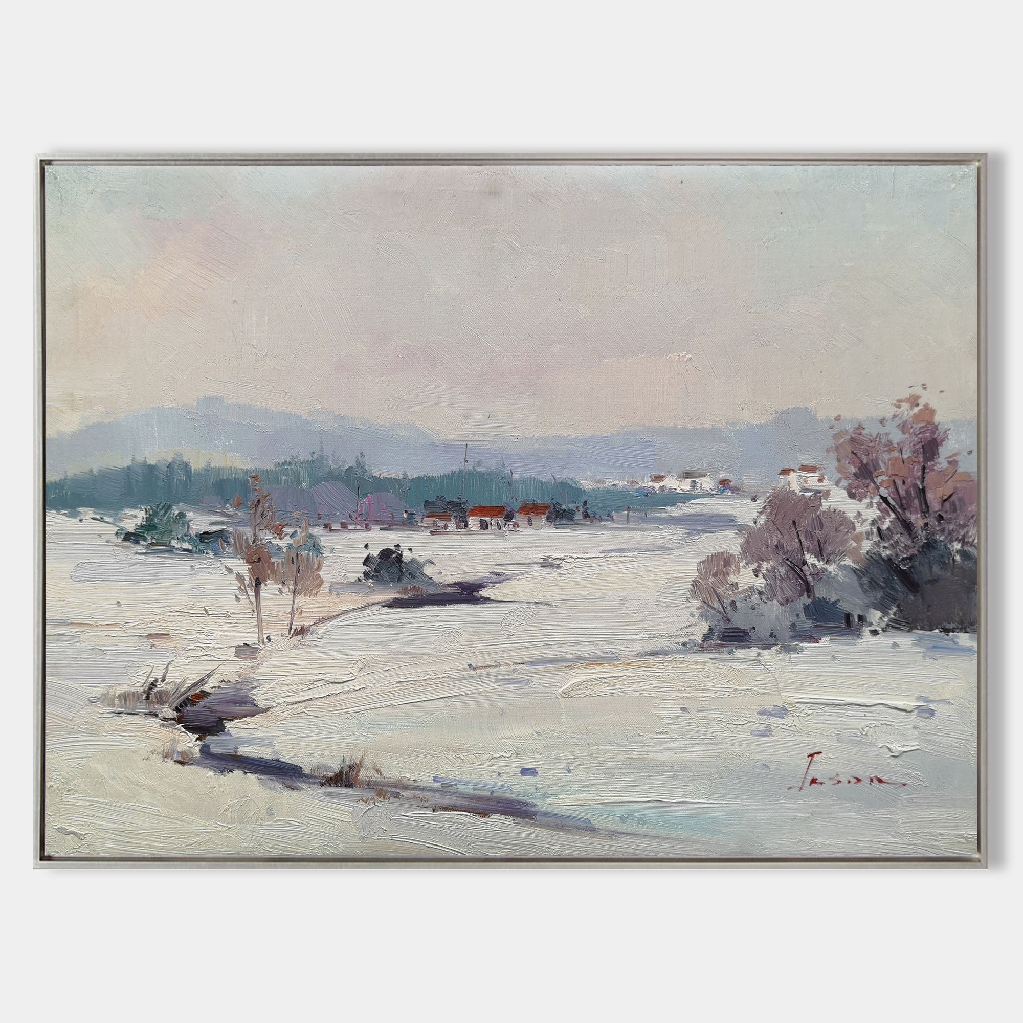 Original hand painted white winter snow landscape oil painting canvas wall art, nordic scandinavian minimalist elegant luxury modern li