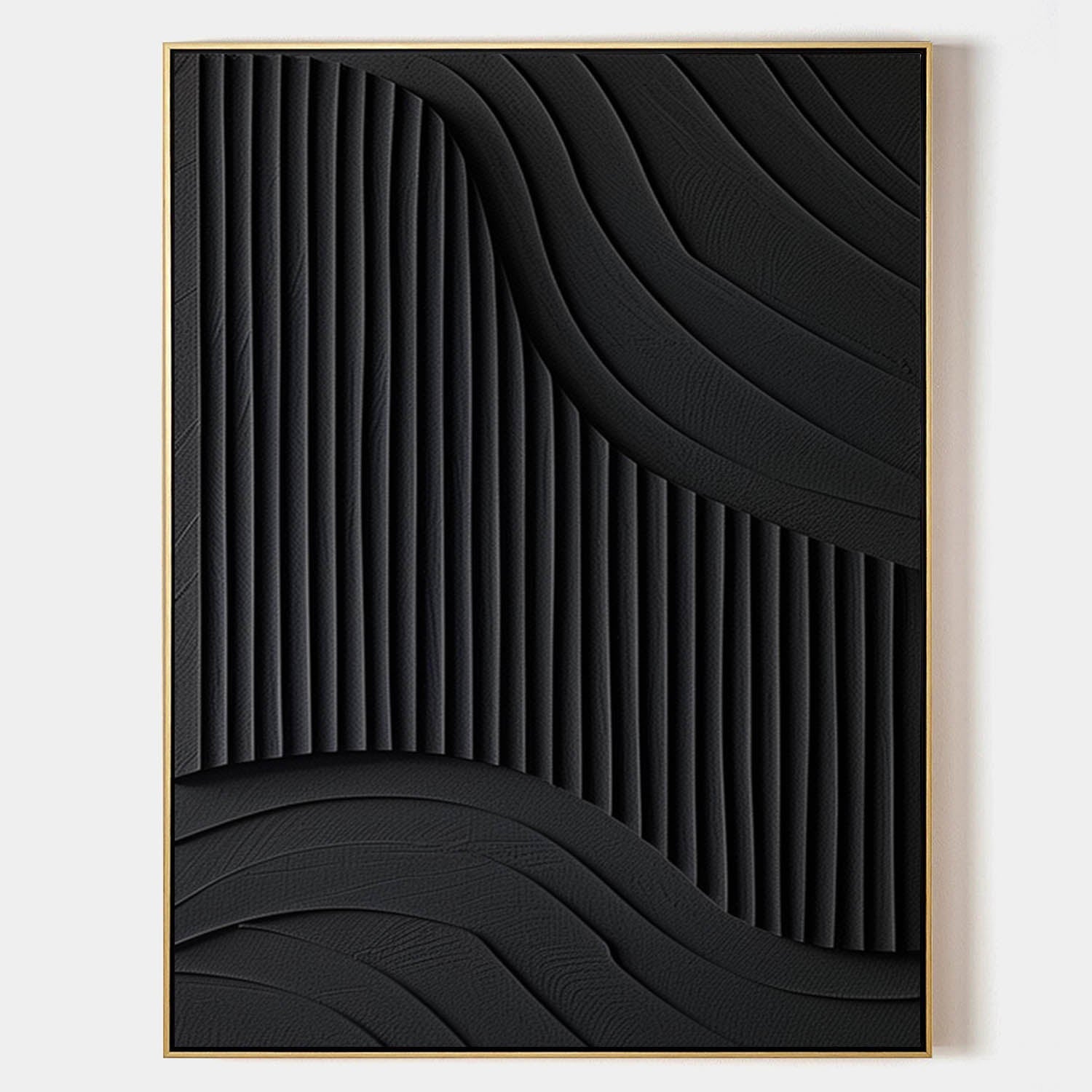 Original hand painted black geometric abstract oil painting canvas wall art, sculpted ridged curves nordic scandinavian minimalist eleg