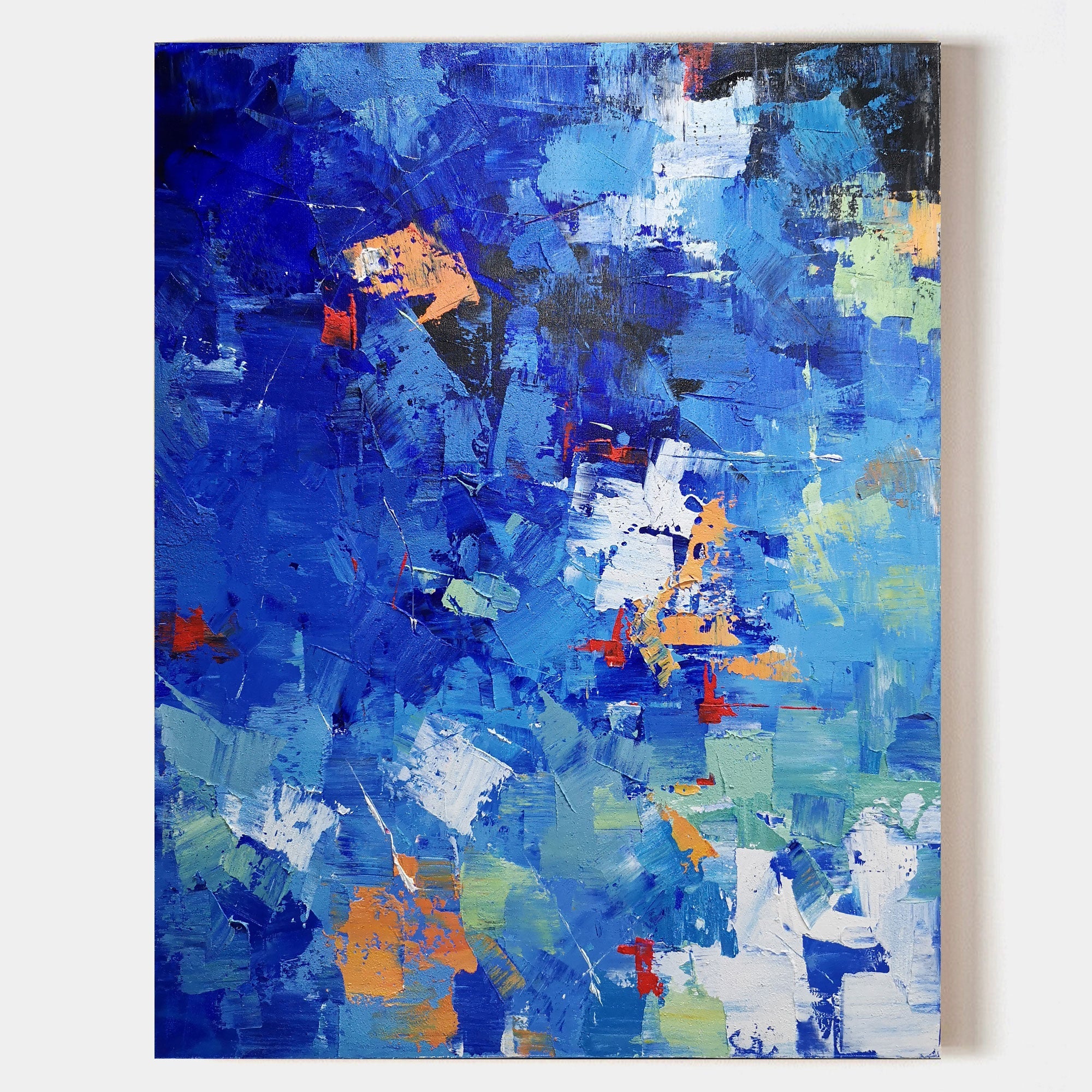 Original hand painted deep blue abstract oil painting canvas wall art, bold cobalt orange red textured strokes, elegant luxury modern n