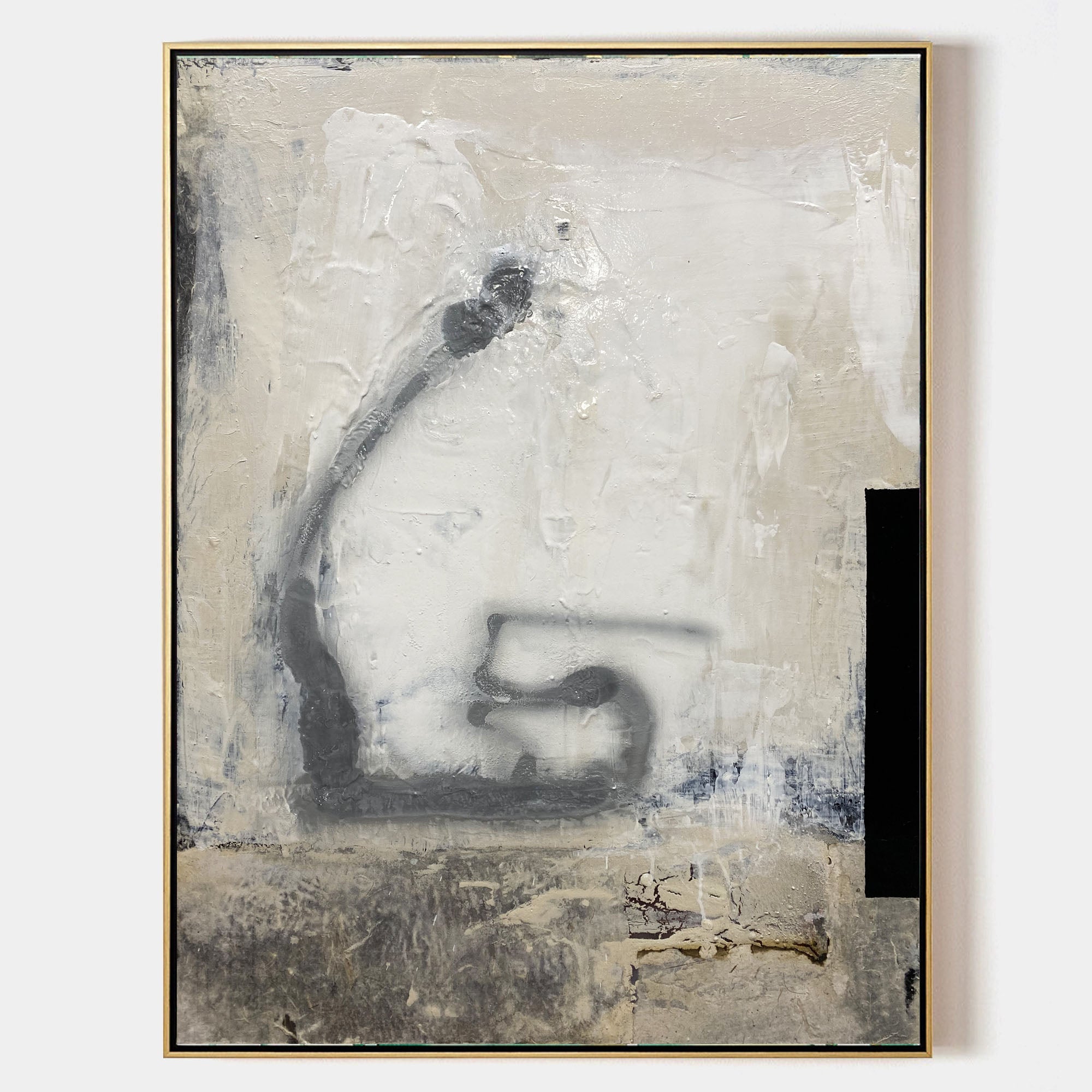 Original hand painted ivory charcoal abstract oil painting canvas wall art, nordic scandinavian minimalist elegant luxury modern living