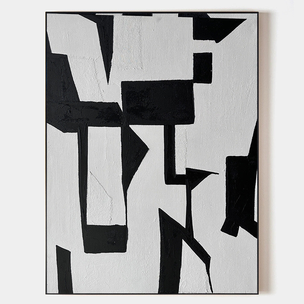 Original hand painted black white geometric abstract oil painting canvas wall art, nordic scandinavian minimalist elegant luxury modern