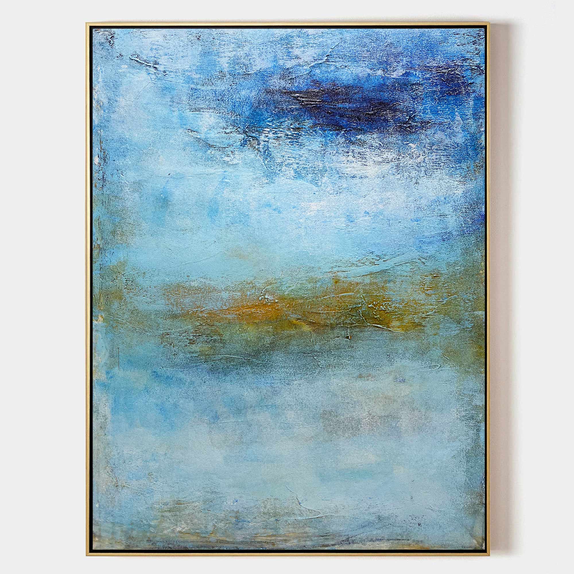 Original hand painted blue abstract oil painting canvas wall art, nordic scandinavian coastal elegant luxury modern living room home de
