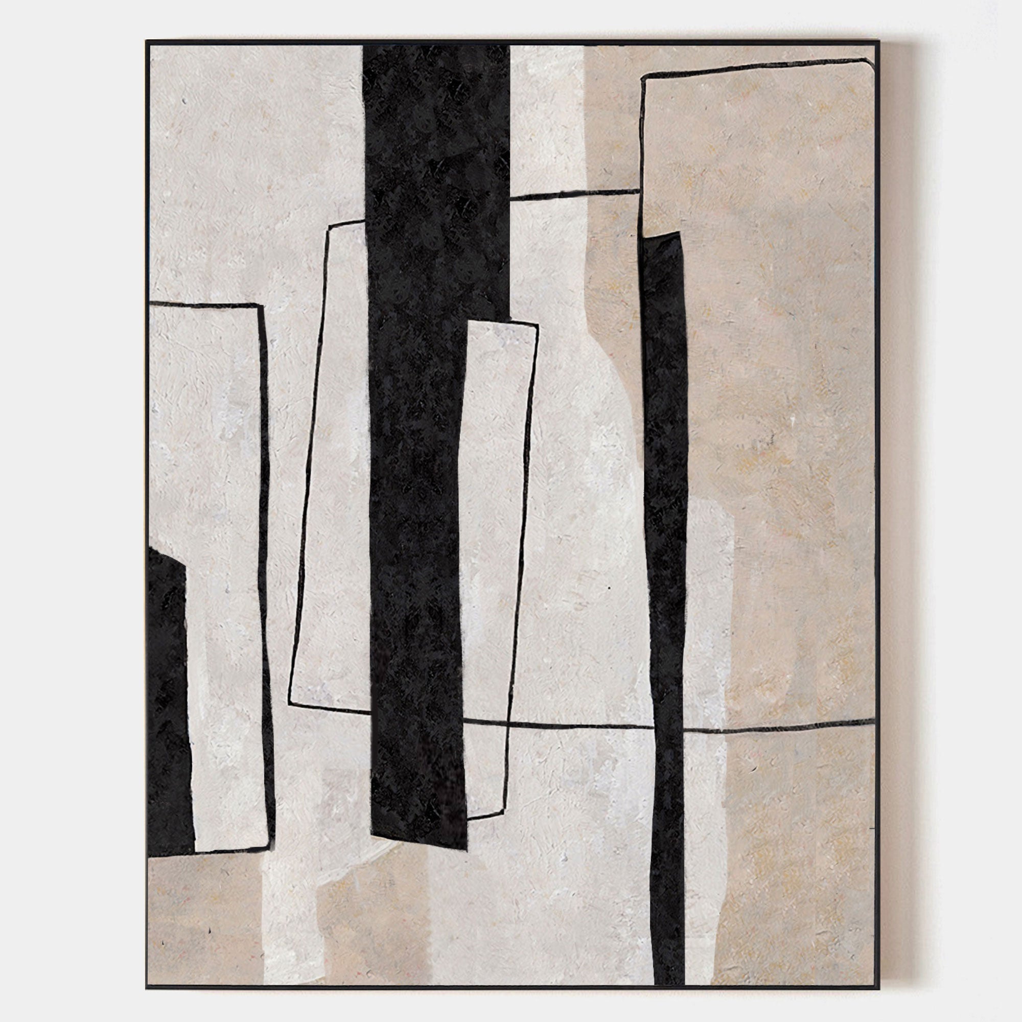 Original hand painted black ivory geometric abstract oil painting canvas wall art, nordic scandinavian minimalist elegant luxury modern