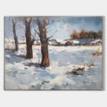 Original hand painted nordic winter village oil painting canvas wall art, snow-covered landscape cool blue elegant luxury scandinavian
