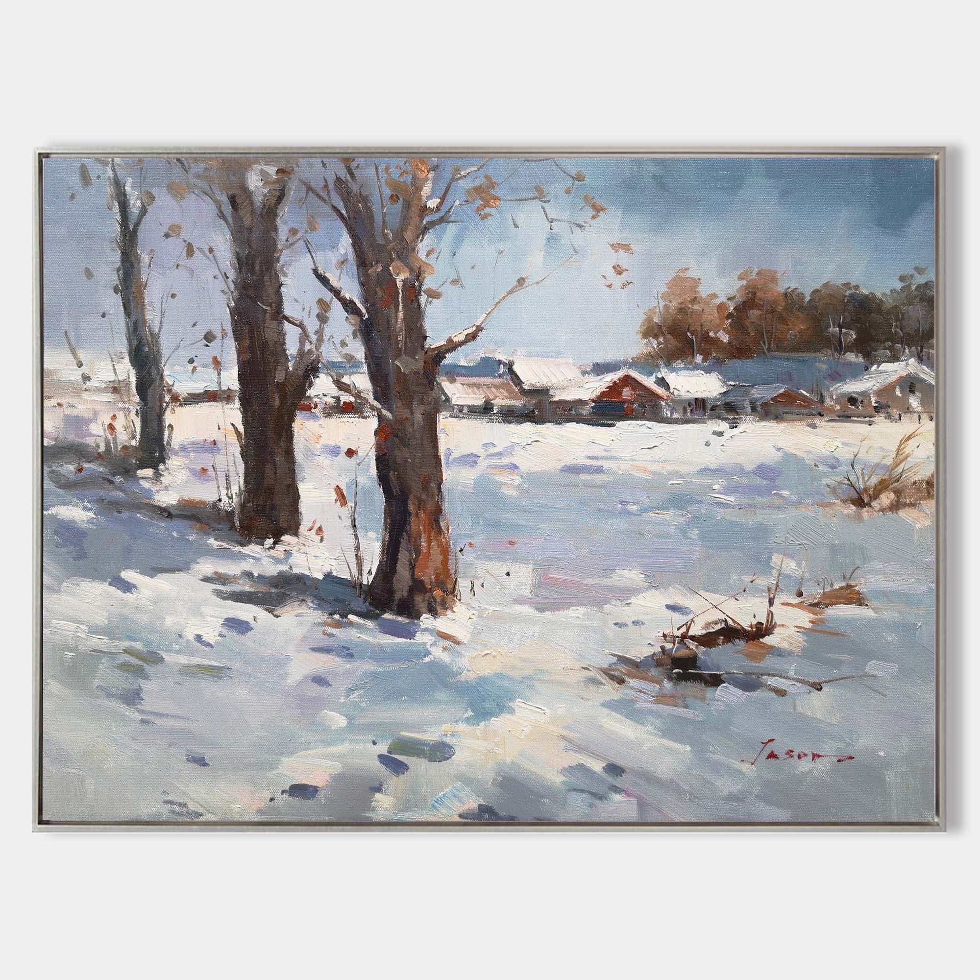 Original hand painted nordic winter village oil painting canvas wall art, snow-covered landscape cool blue elegant luxury scandinavian