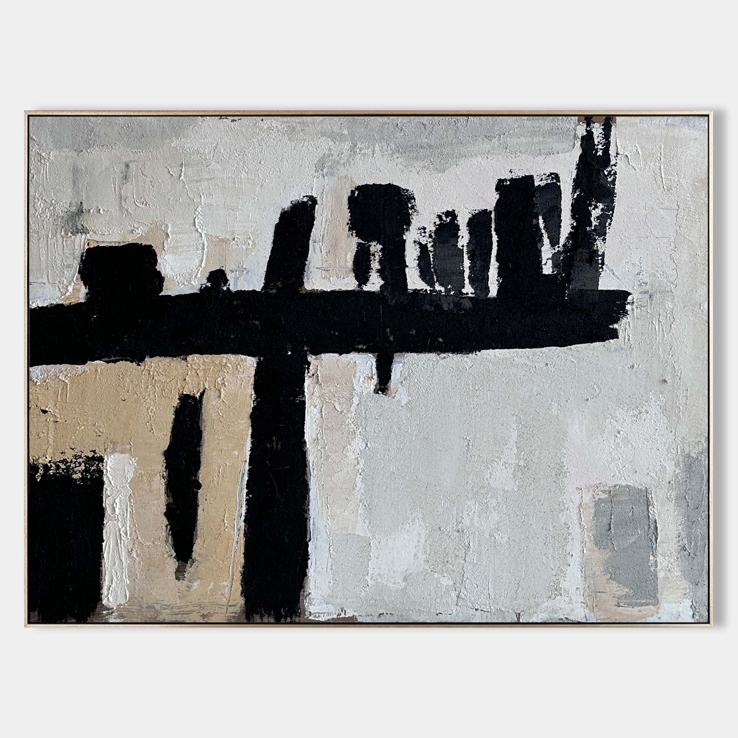 Original hand painted black grey beige abstract oil painting canvas wall art, nordic scandinavian minimalist elegant luxury modern livi
