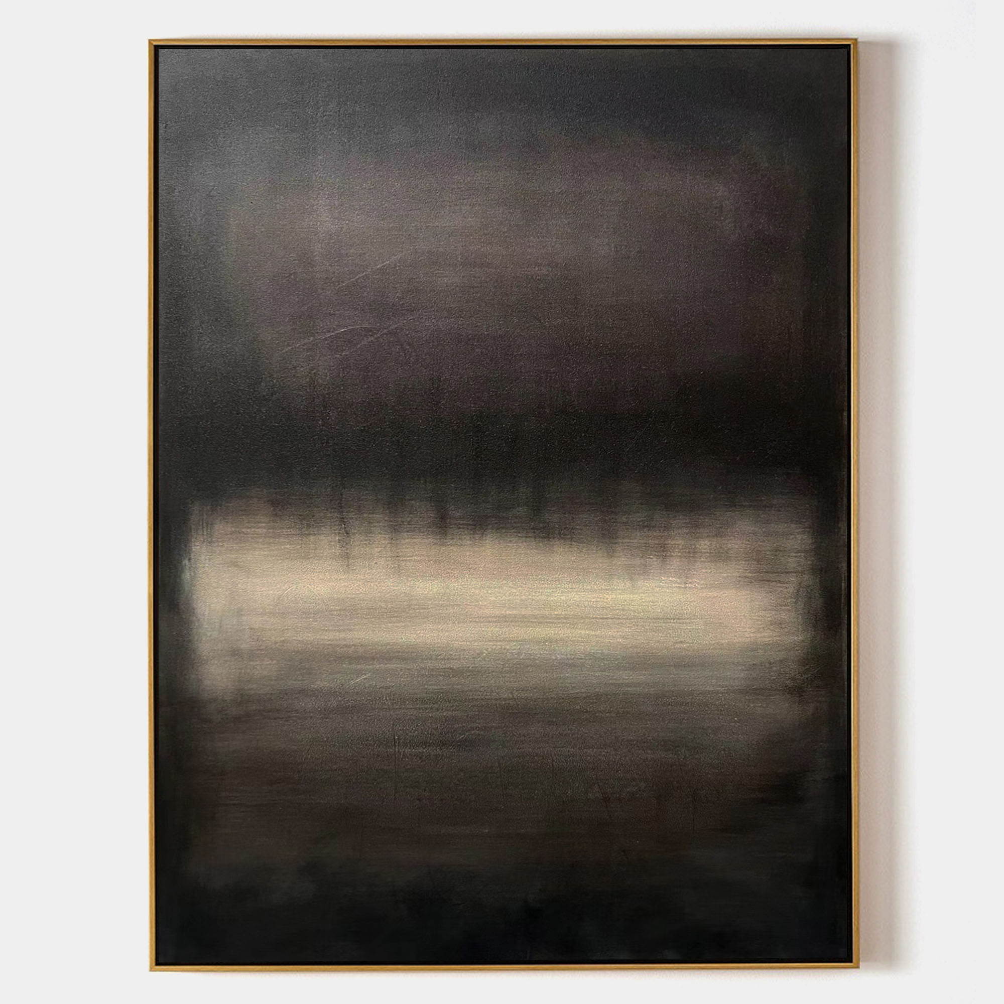Original hand painted dark abstract oil painting canvas, ebony charcoal tones glowing pale horizon, nordic scandinavian elegant luxury