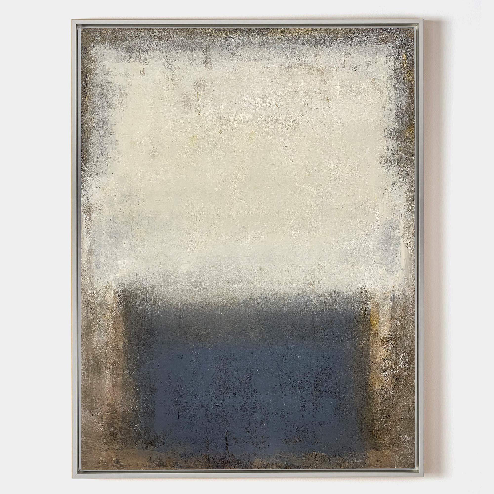 Original hand painted slate blue ivory abstract oil painting canvas wall art, nordic scandinavian minimalist elegant luxury modern inte