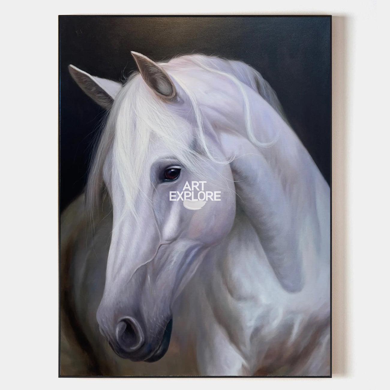 Original hand painted white horse portrait oil painting canvas wall art, elegant luxury nordic scandinavian modern classic living room