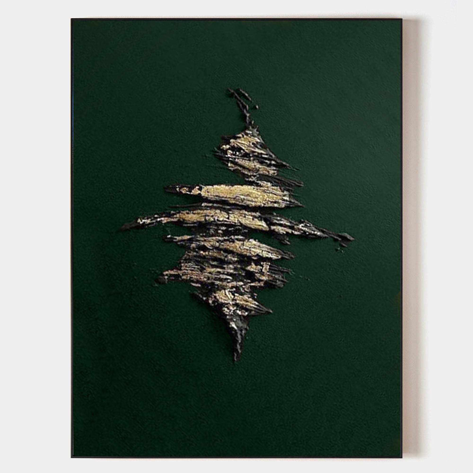 Original hand painted gold black abstract oil painting on emerald green canvas, nordic scandinavian minimalist elegant luxury modern in