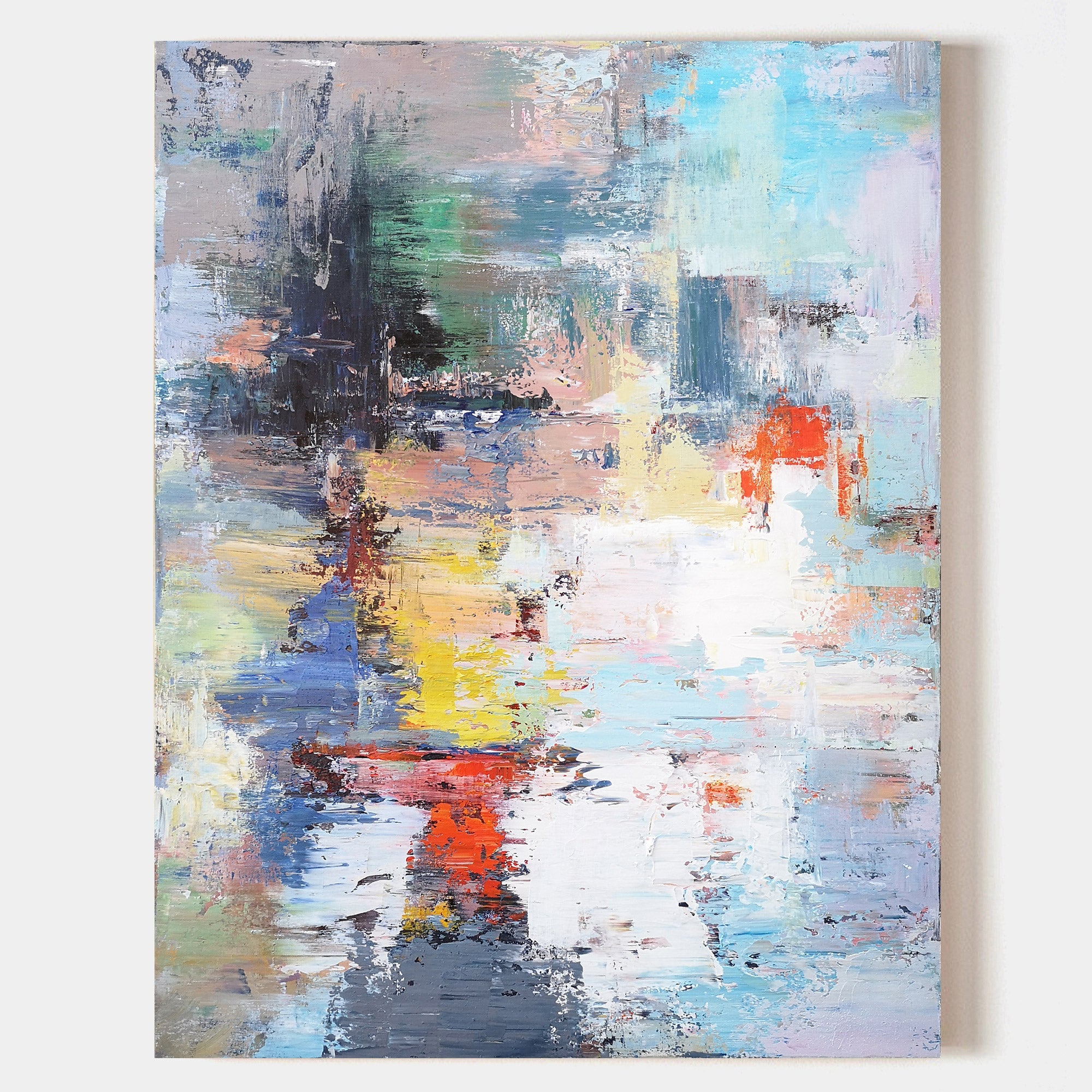 Original hand painted crimson red blue yellow abstract oil painting canvas wall art, modern scandinavian elegant luxury home decor inte