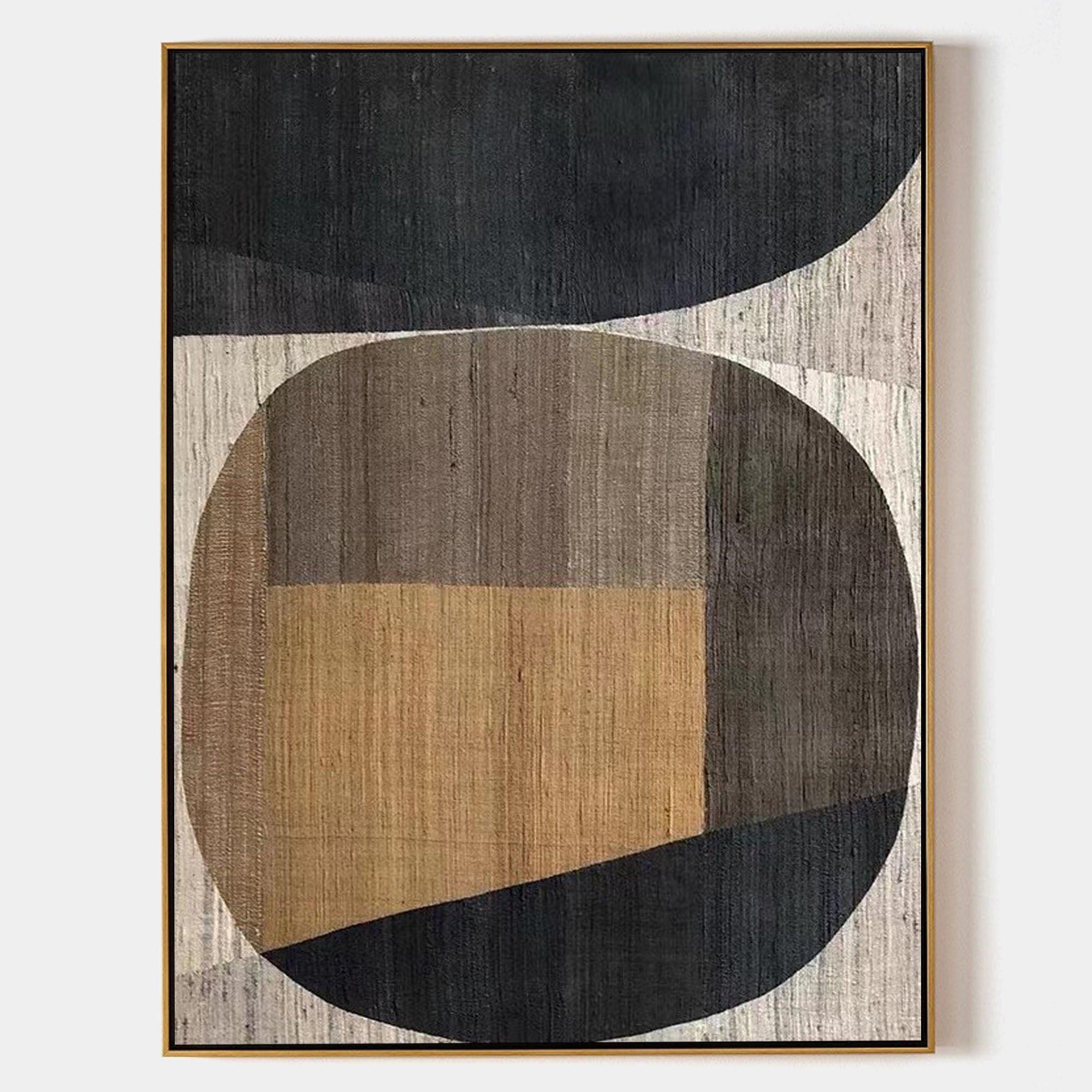 Original hand painted black taupe ochre geometric abstract oil painting canvas wall art, nordic scandinavian minimalist elegant luxury