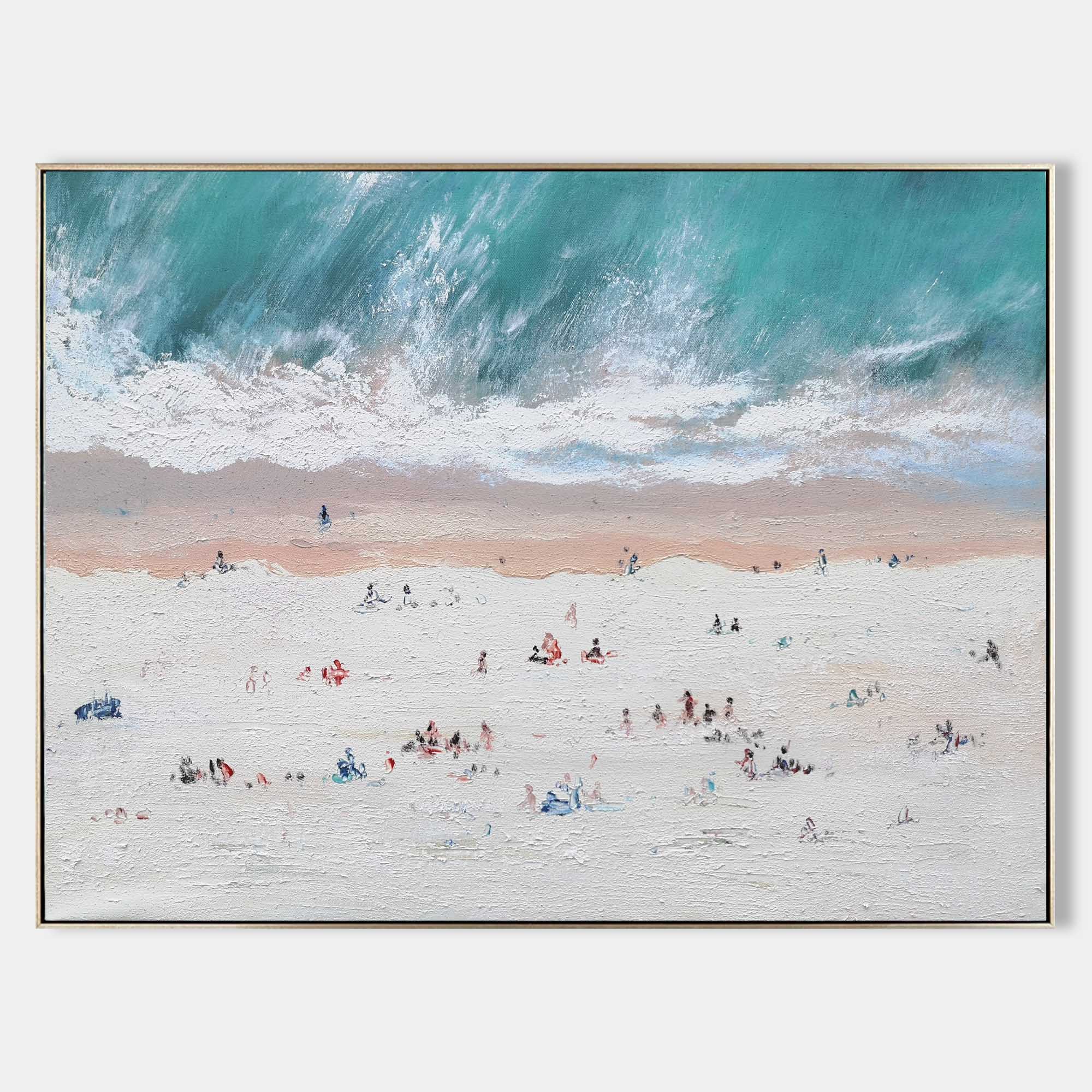 Original hand painted teal coastal aerial beach oil painting canvas wall art, elegant luxury modern scandinavian nordic living room hom