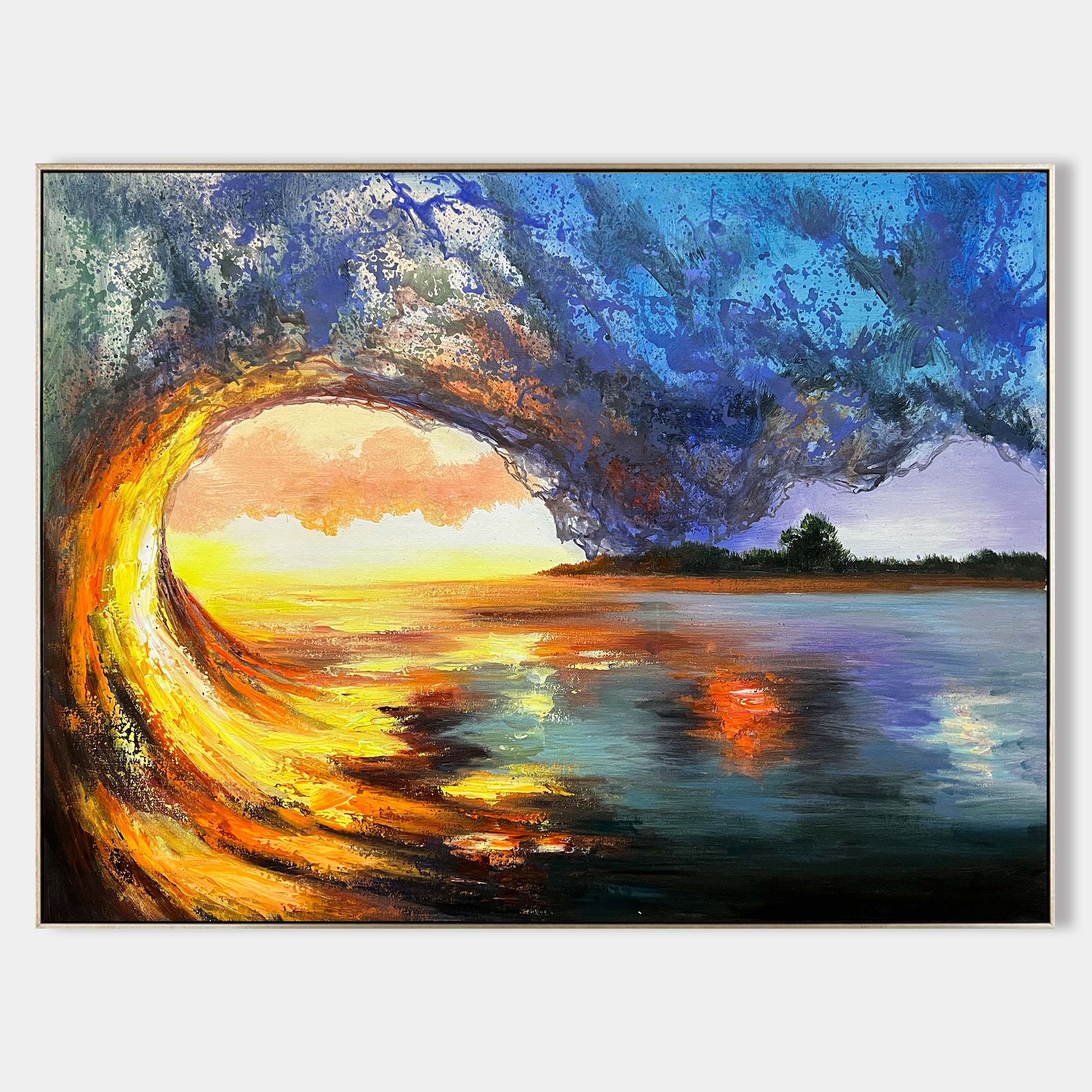 Original hand painted amber gold ocean wave abstract oil painting canvas wall art, coastal elegant luxury modern living room home decor
