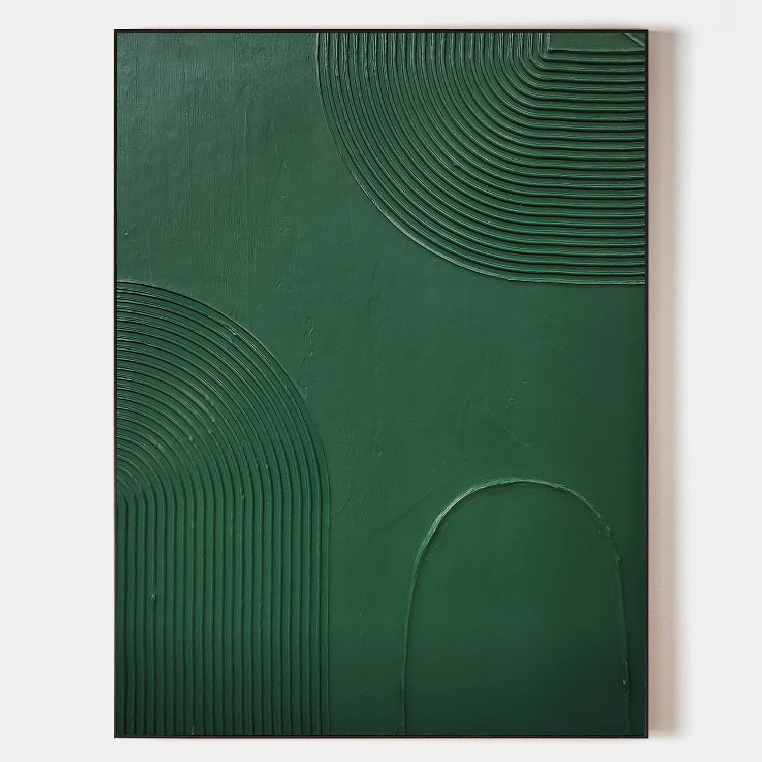 Original hand painted emerald green geometric abstract oil painting canvas wall art, textured concentric arches, nordic scandinavian mi